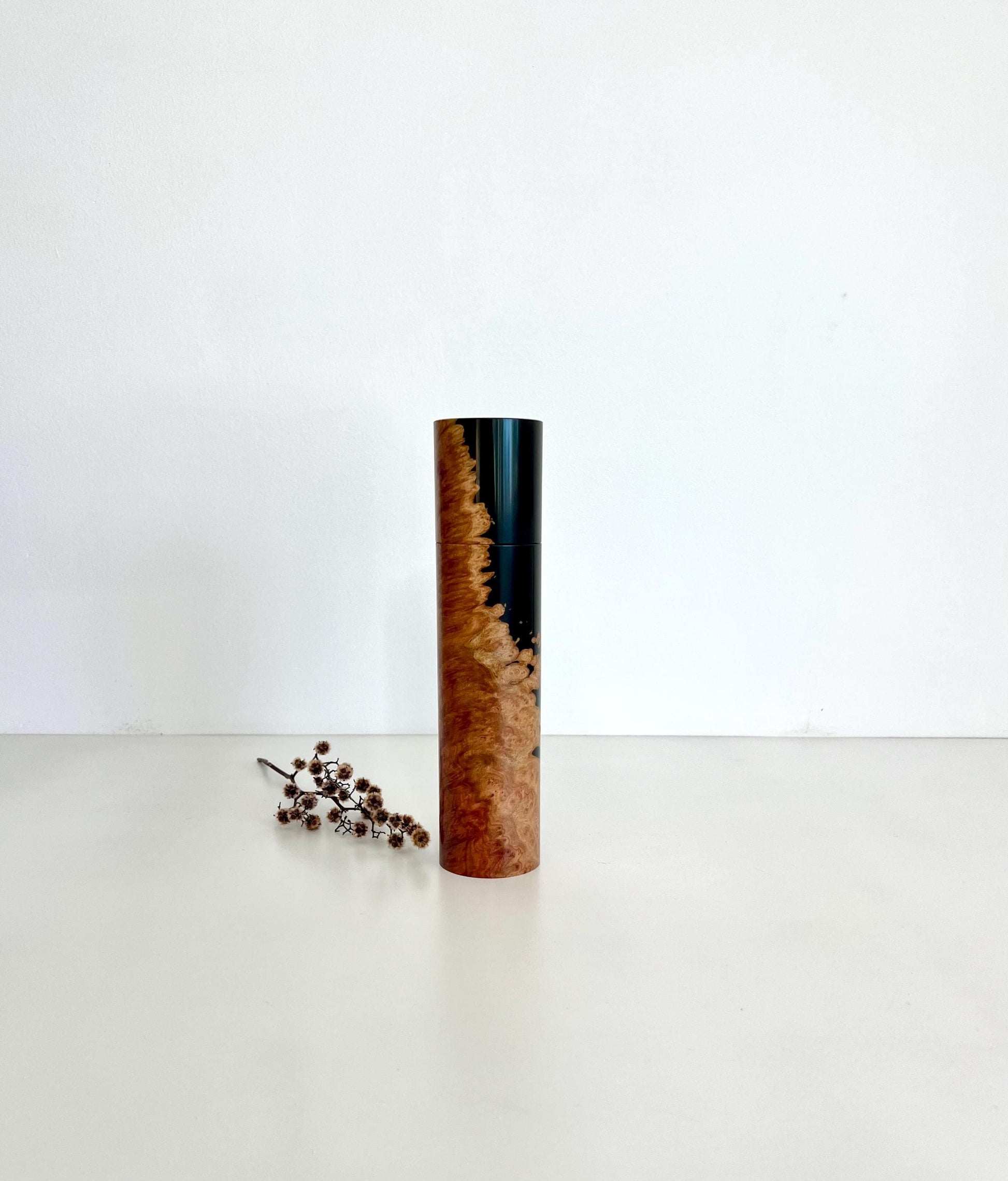 Wooden cylindrical shape salt and pepper grinder made from Australian Mulberry timber