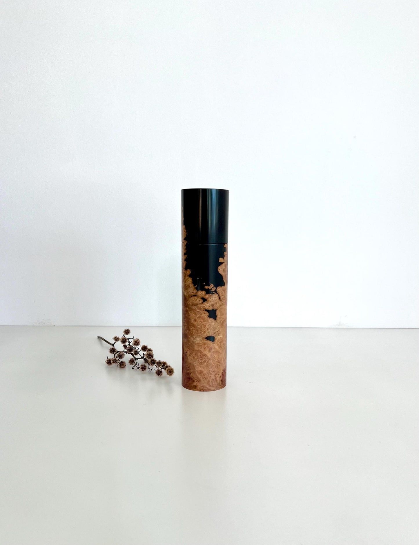 Wooden cylindrical shape salt and pepper grinder made from Australian Mulberry timber