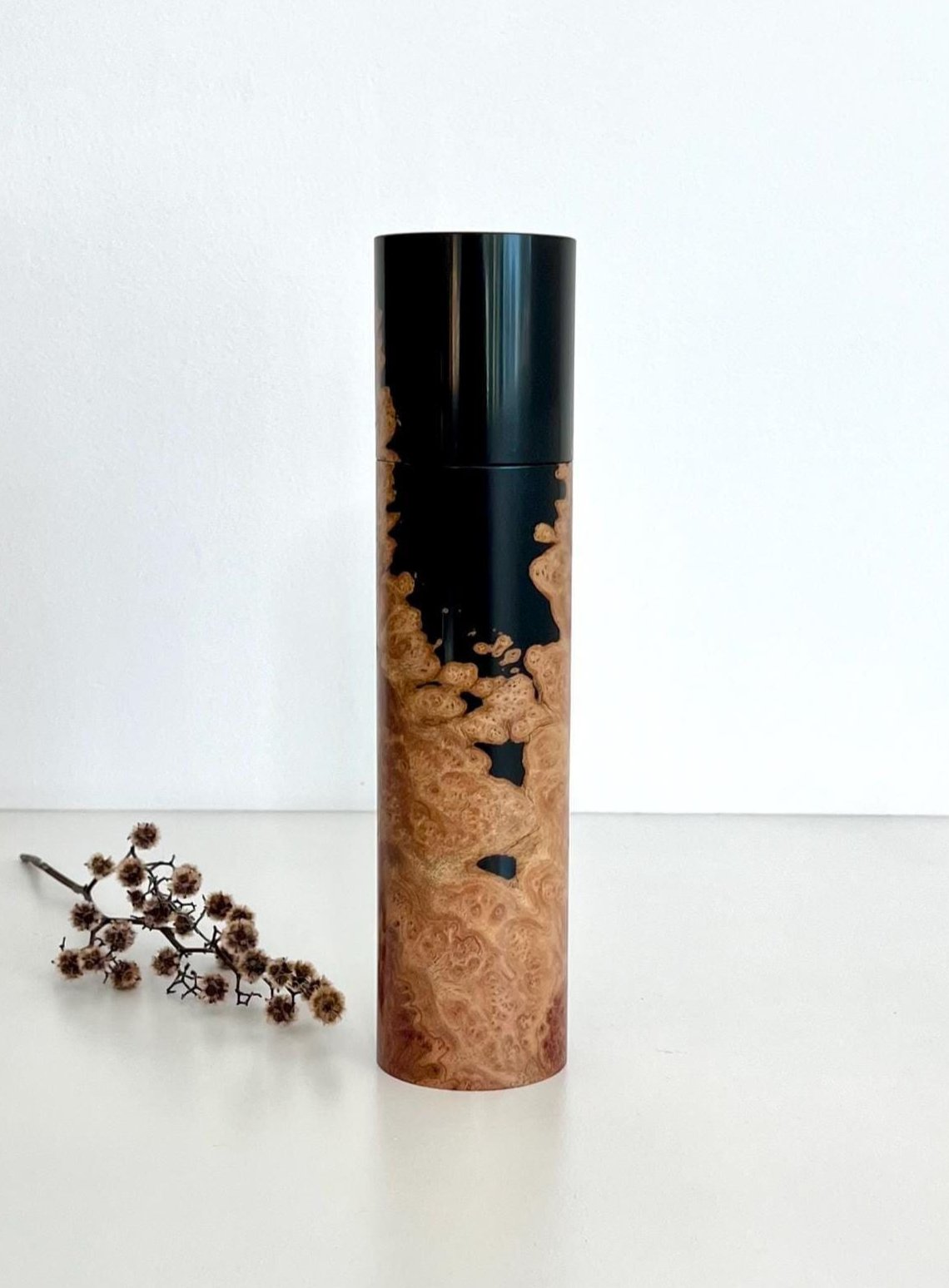 Wooden cylindrical shape salt and pepper grinder made from Australian Mulberry timber