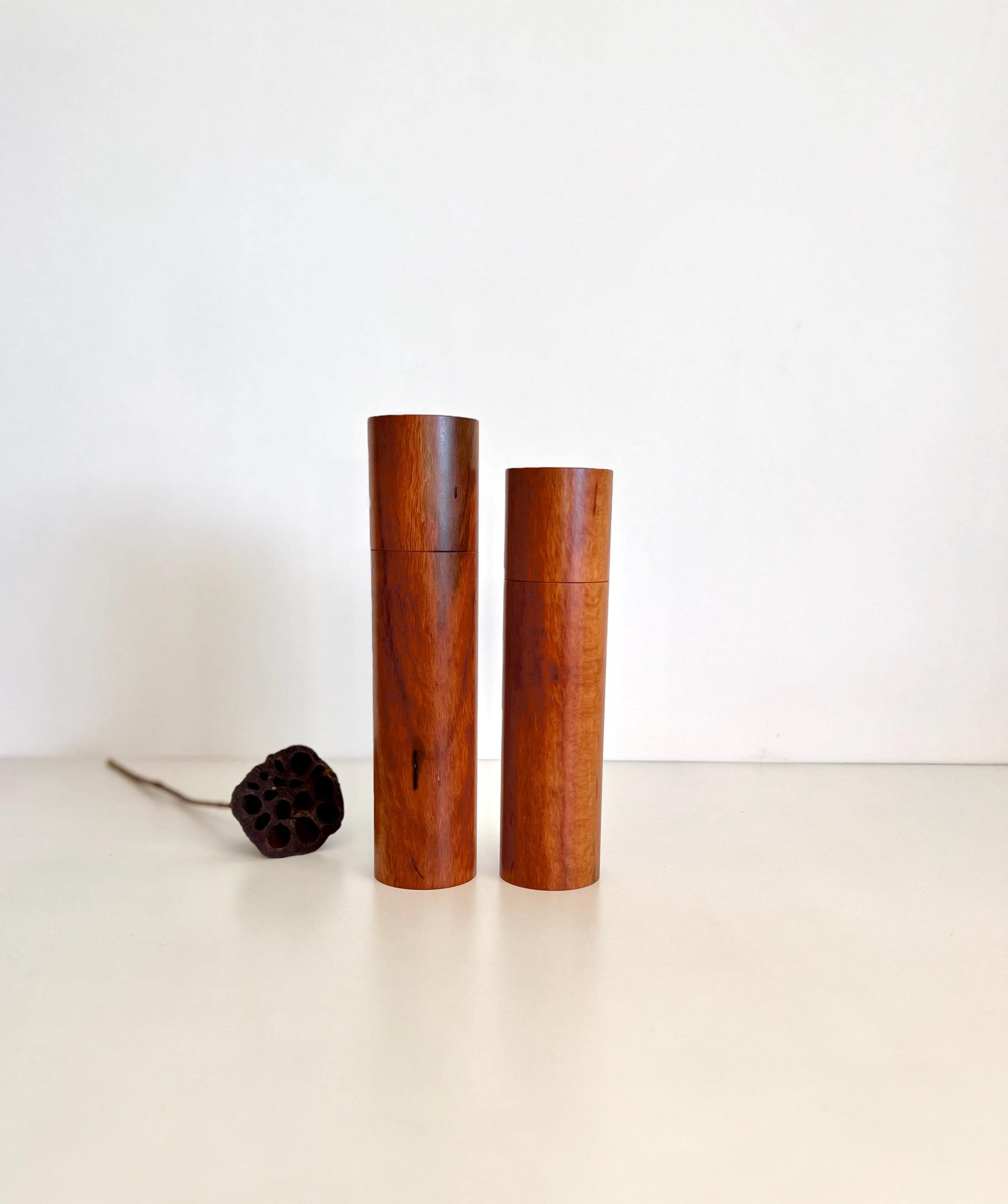 Wooden cylindrical shape salt and pepper grinders made from Lace sheoak timber