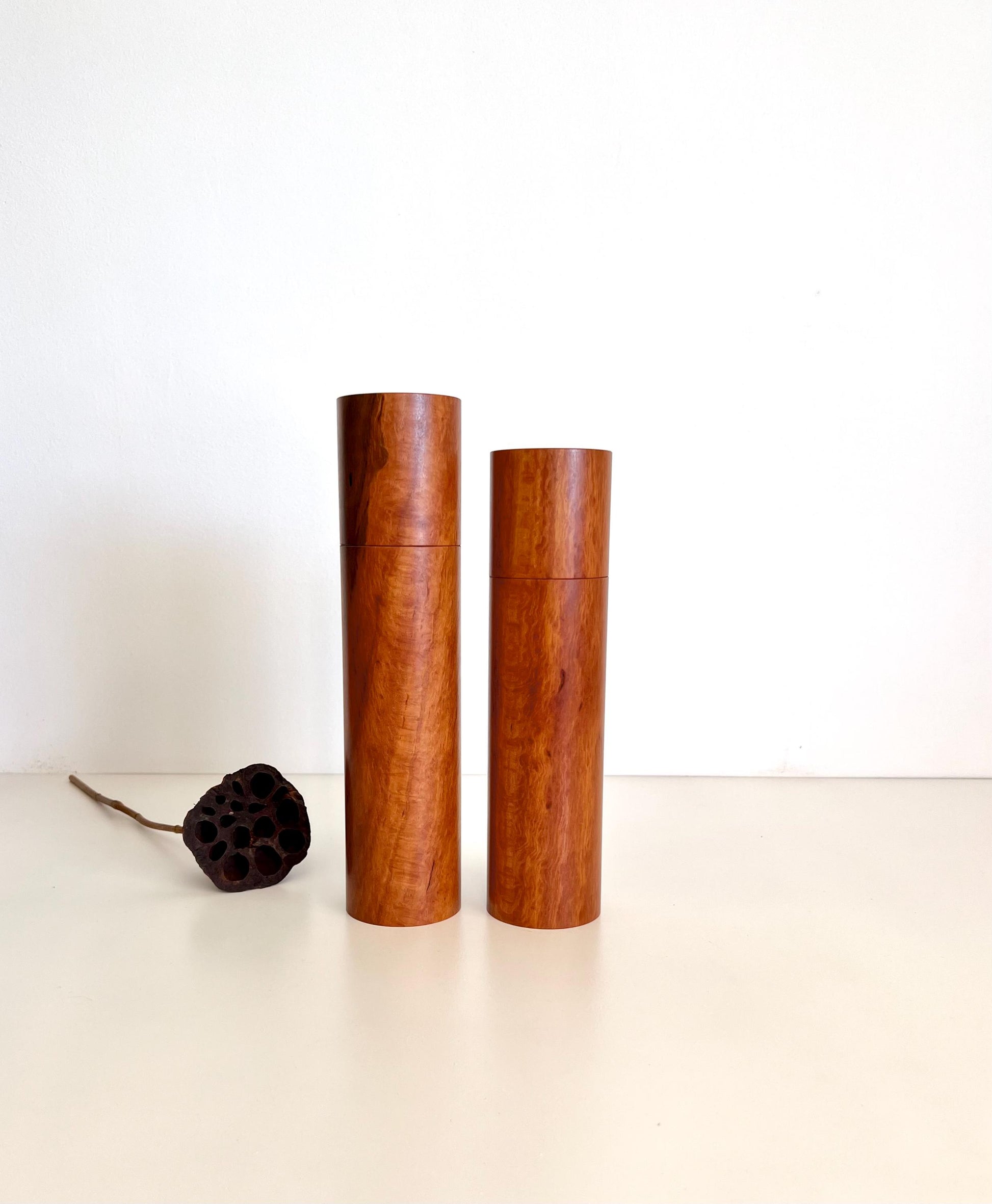 Wooden cylindrical shape salt and pepper grinders made from Lace sheoak timber