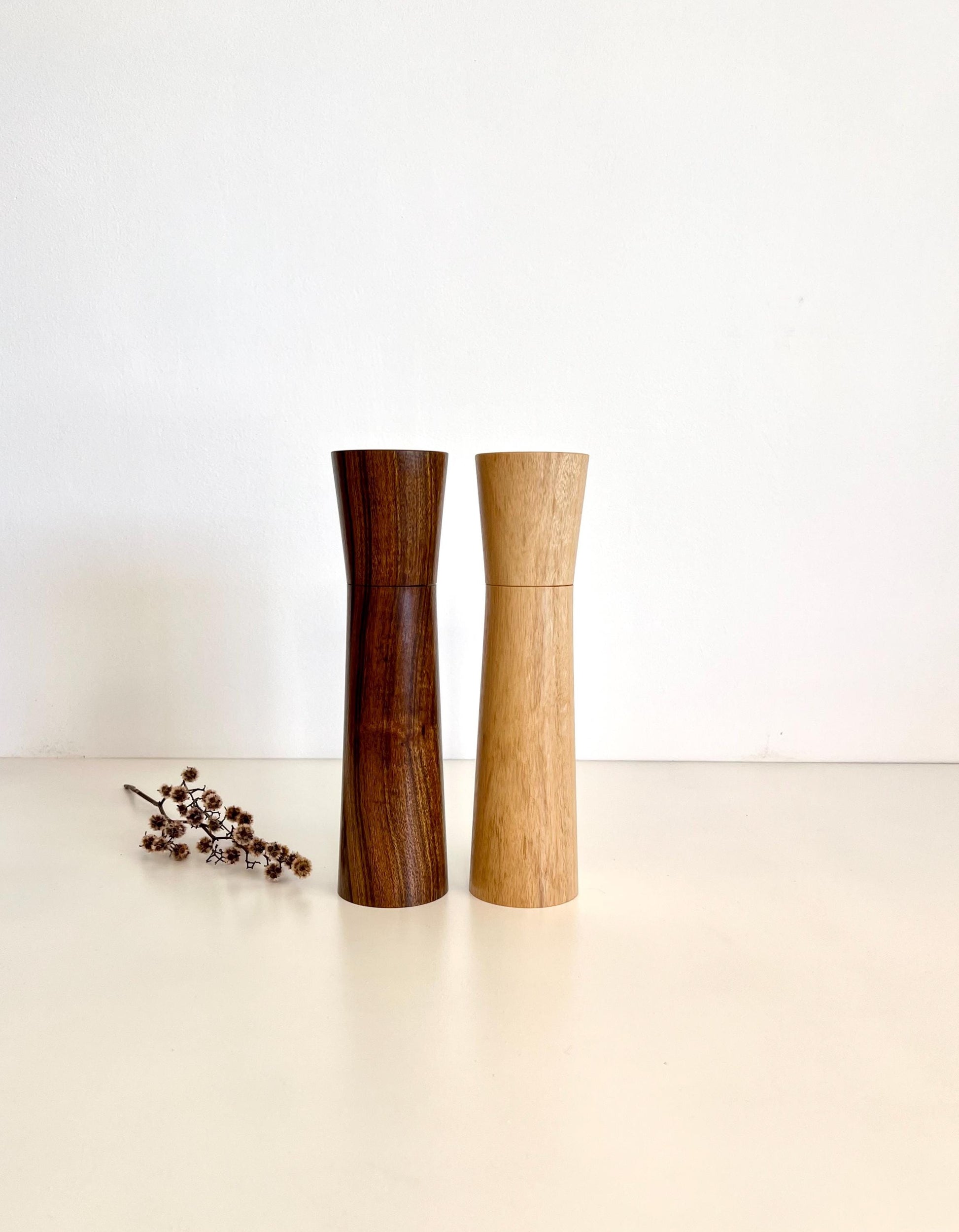 Wooden cylindrical shape salt and pepper grinders made from Western Myall and Blue gum timber