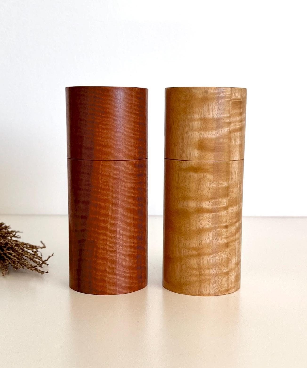 Wooden cylindrical shape salt and pepper grinders made from Wandoo and Marri timbers