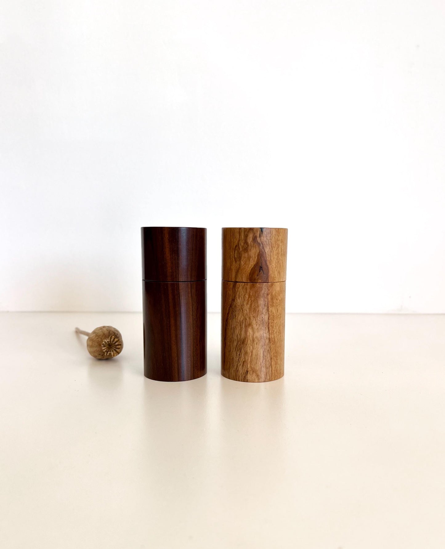 Wooden cylindrical shape salt and pepper grinders made from Gidgee and Blackbutt timbers