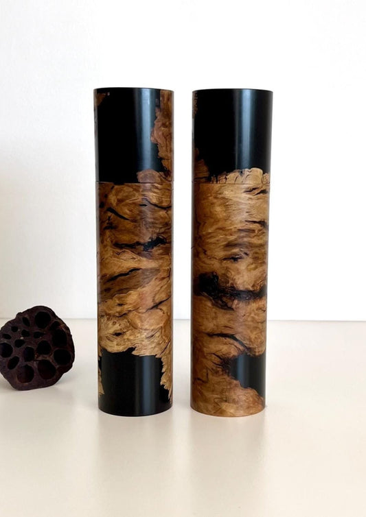 Wooden cylindrical shape salt and pepper grinders made from Australian Bimble Box timber and Black Resin