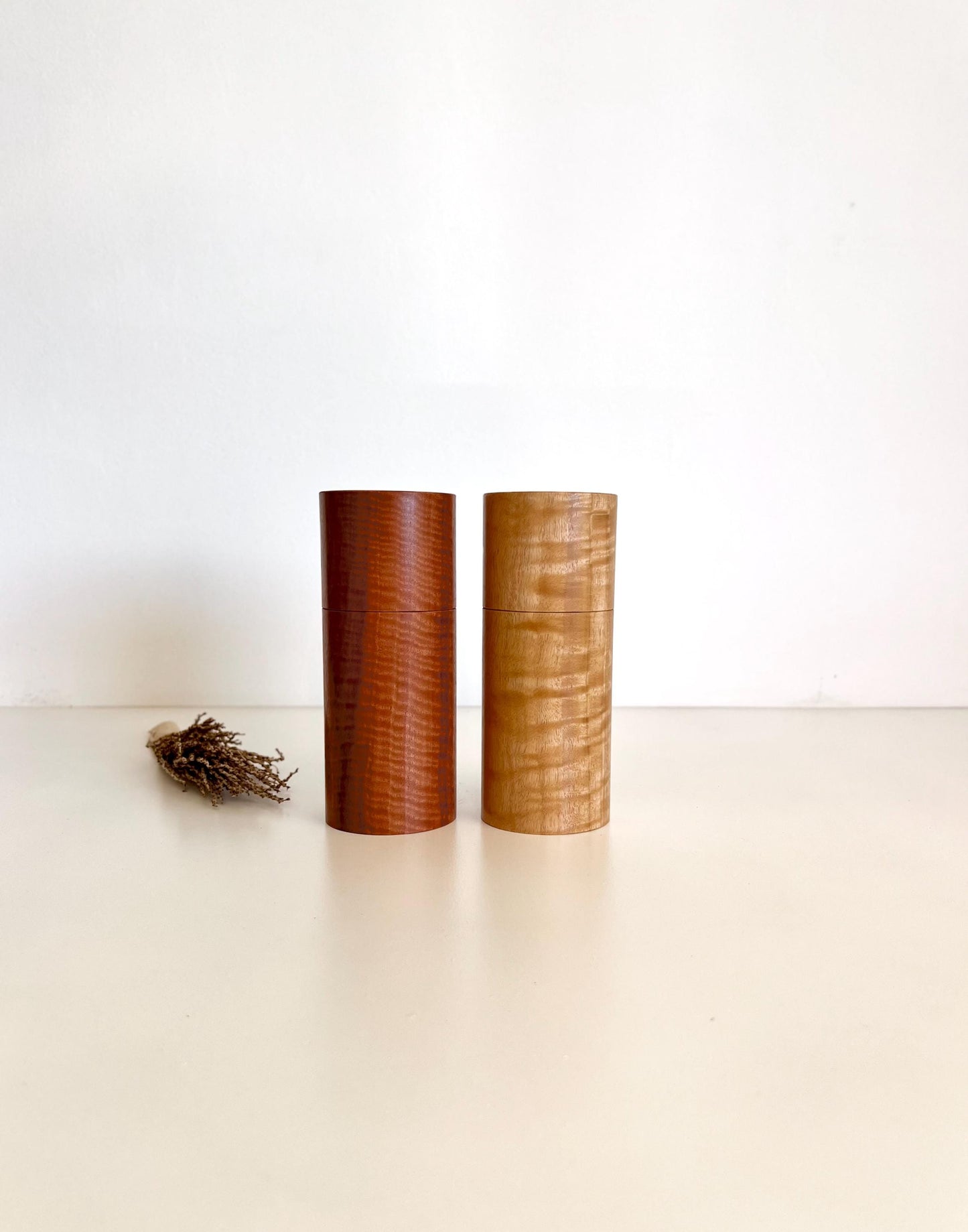 Wooden cylindrical shape salt and pepper grinders made from Wandoo and Marri timbers