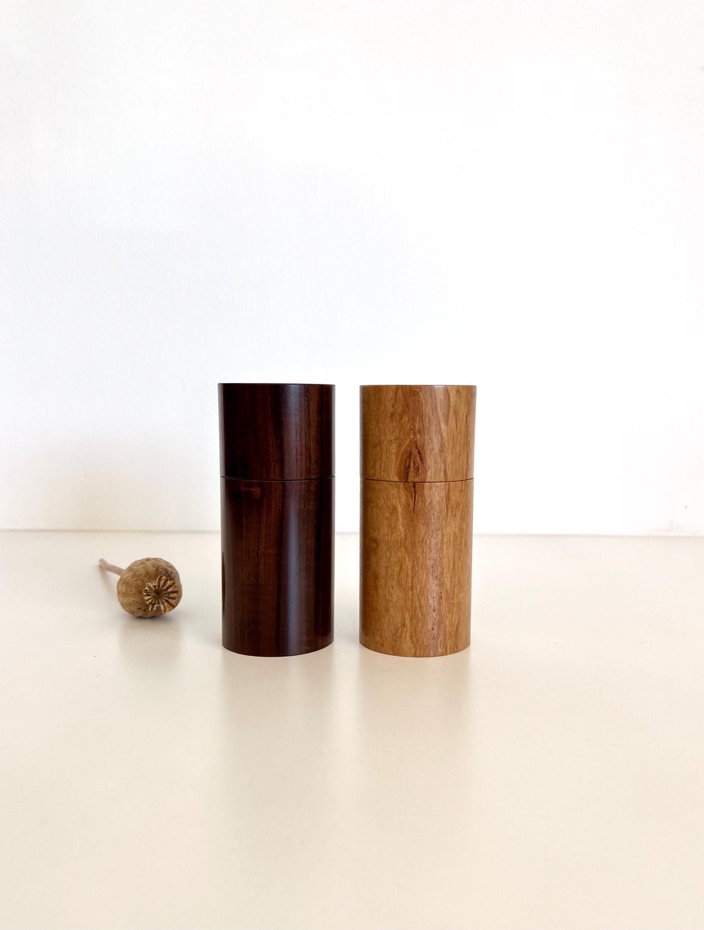 Wooden cylindrical shape salt and pepper grinders made from Gidgee and Blackbutt timbers