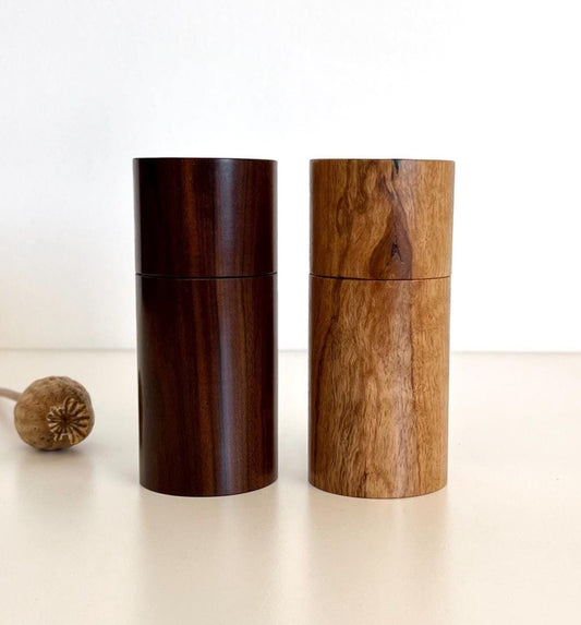 Wooden cylindrical shape salt and pepper grinders made from Gidgee and Blackbutt timbers