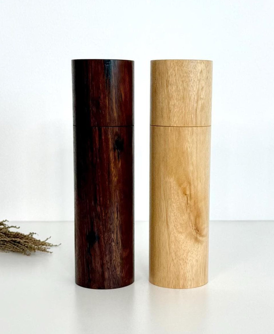 Wooden cylindrical shape salt and pepper grinders made from Jarrah and Blackbutt timbers