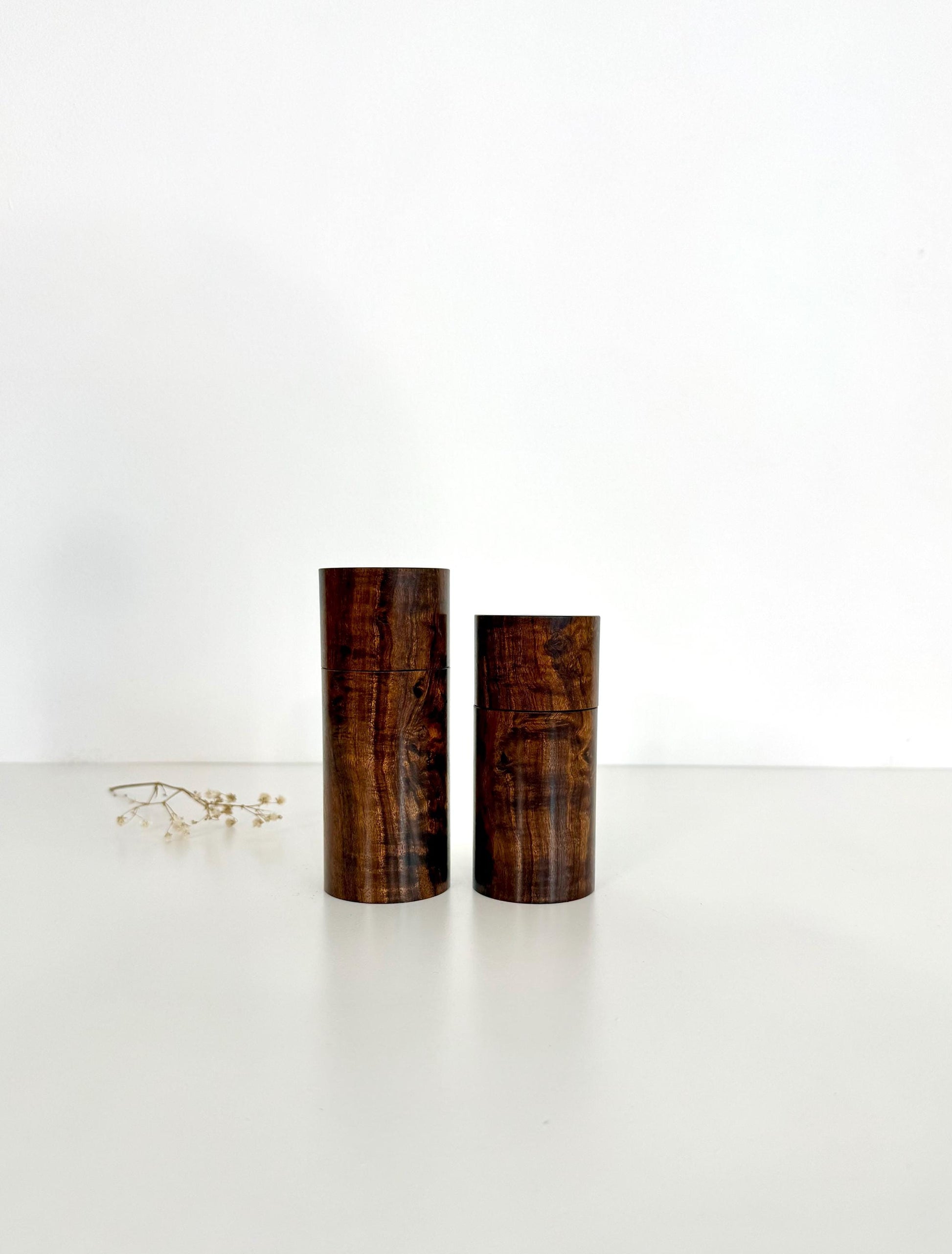 Wooden cylindrical shape salt and pepper grinders made from Black Mulga timber
