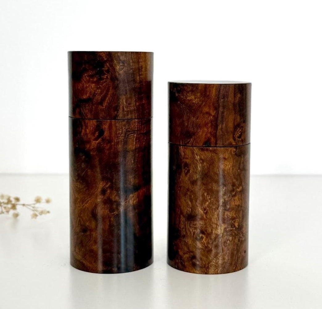 Wooden cylindrical shape salt and pepper grinders made from Black Mulga timber