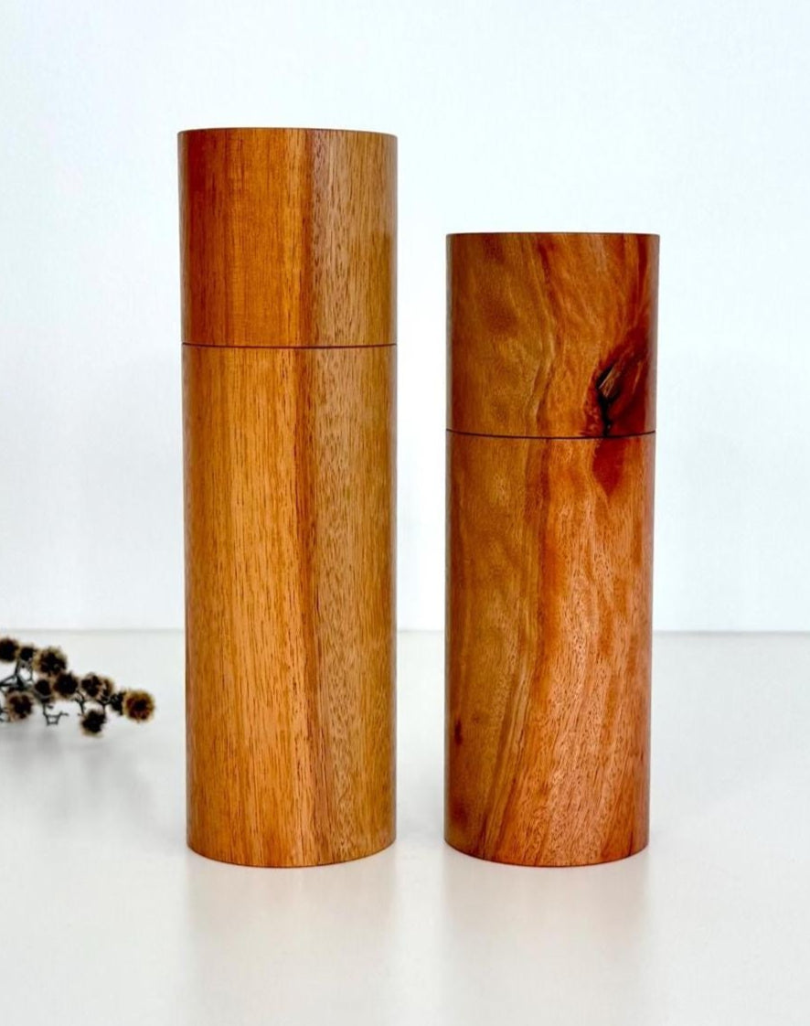 Wooden cylindrical shape salt and pepper grinders made from River Red gum timber