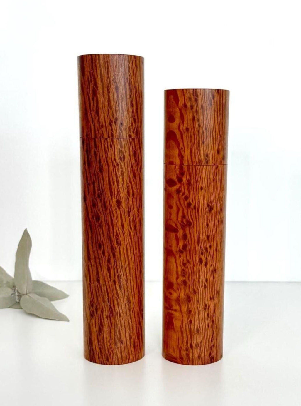 Wooden cylindrical shape salt and pepper grinders made from Sheoak timber