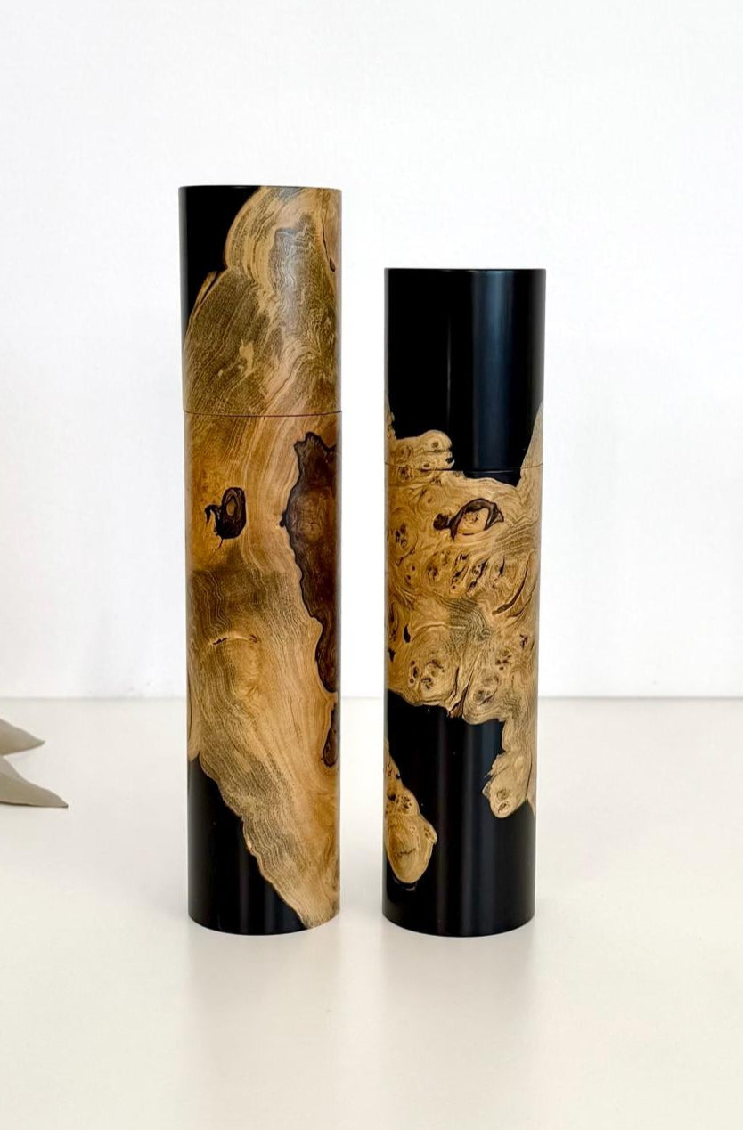 Pepper Grinder, Wood, Pepper Mill, Salt and Pepper mill resin set, Australian Burl wood, Ceramic grinder, crushgrind
