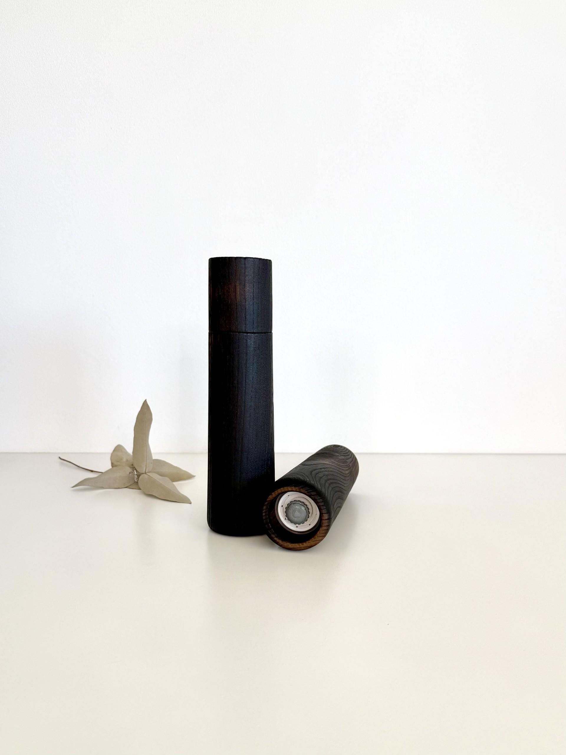 Handcrafted Blackened Elm Pepper Grinder Set: Modern Wood Salt Mill