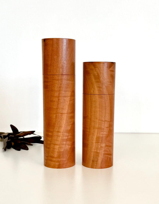 Wooden cylindrical shape salt and pepper grinders made from River Red Gum timber