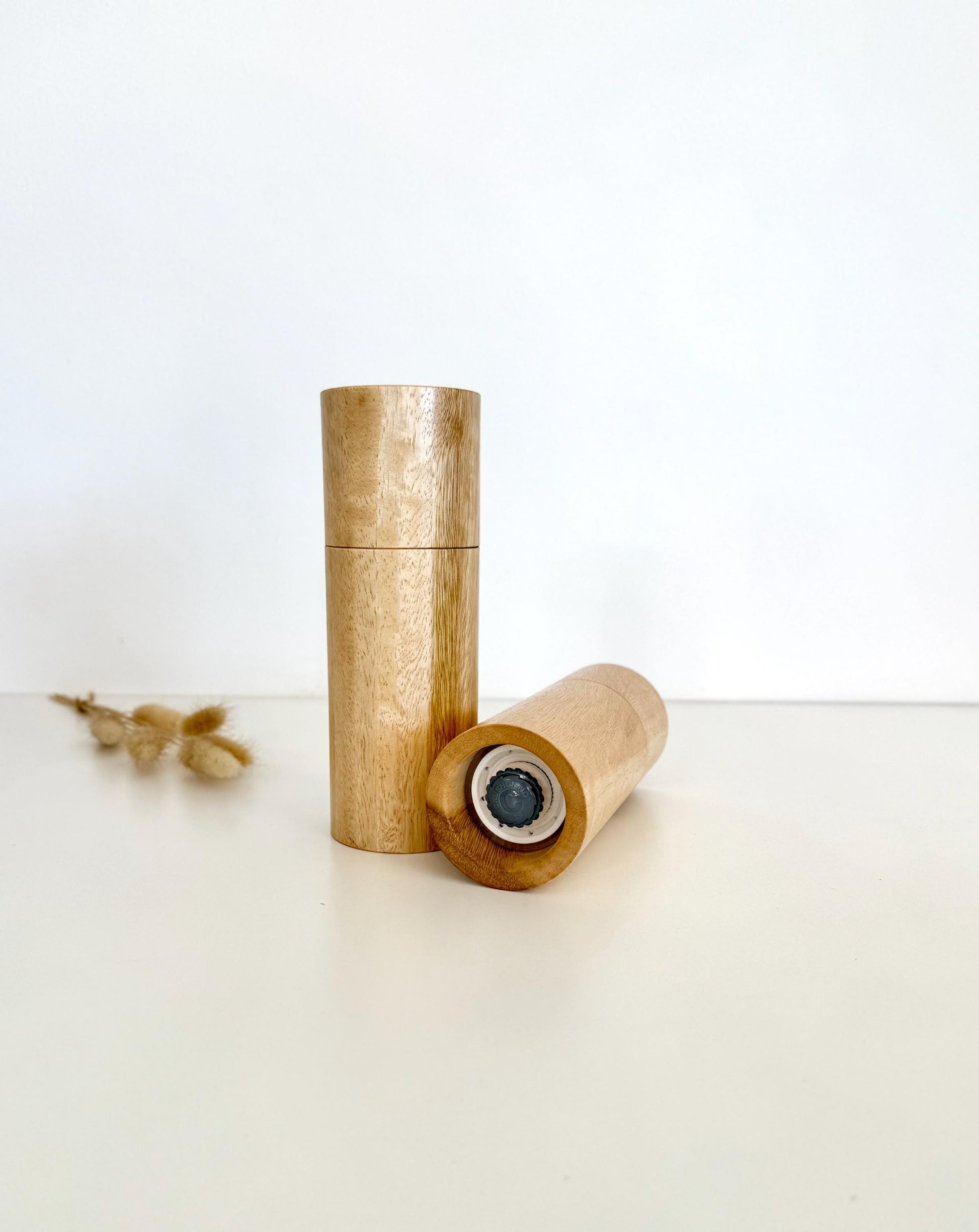 Handcrafted Yellow Tingle Pepper Grinder Set: Modern Wood Salt Mill