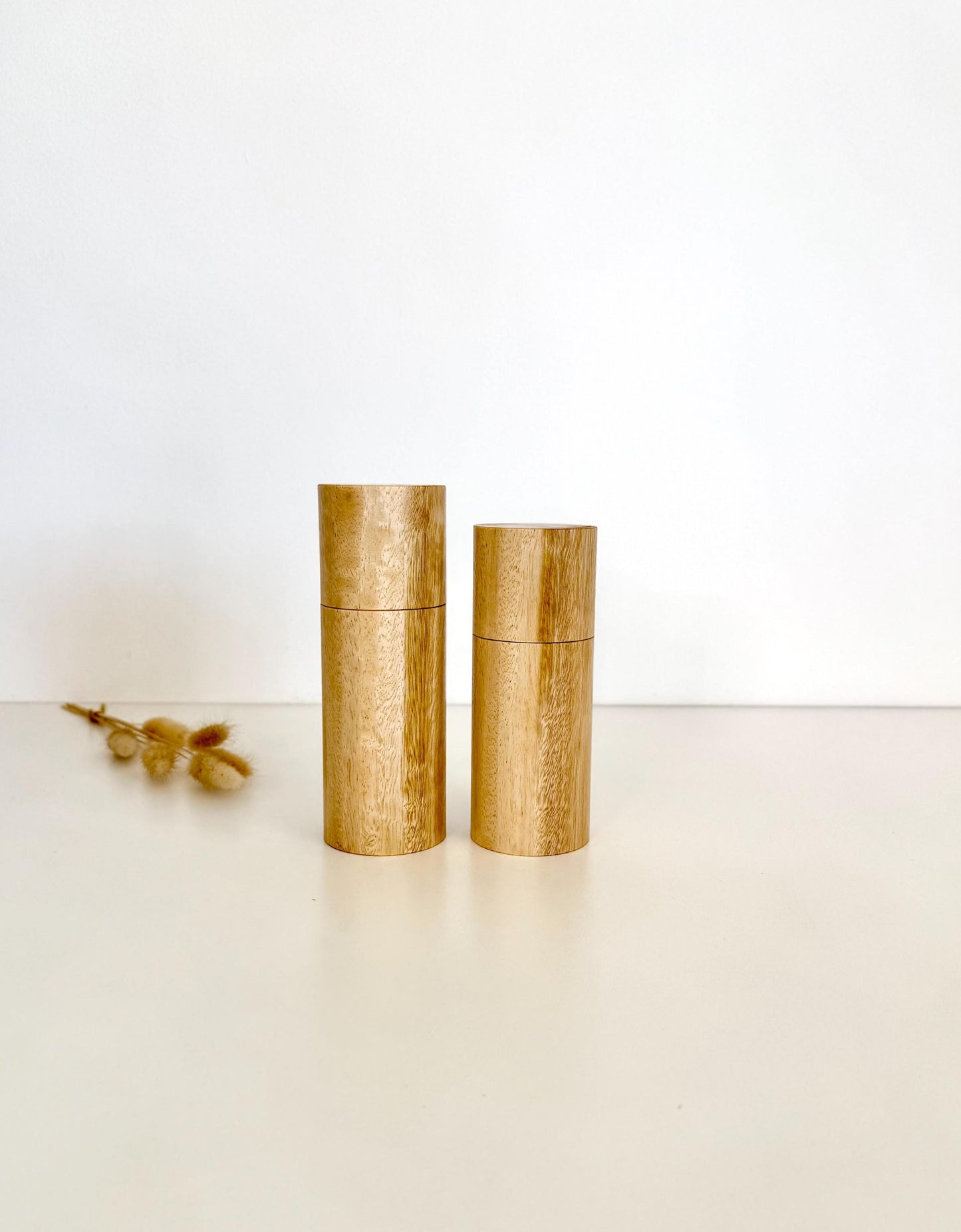 Handcrafted Yellow Tingle Pepper Grinder Set: Modern Wood Salt Mill