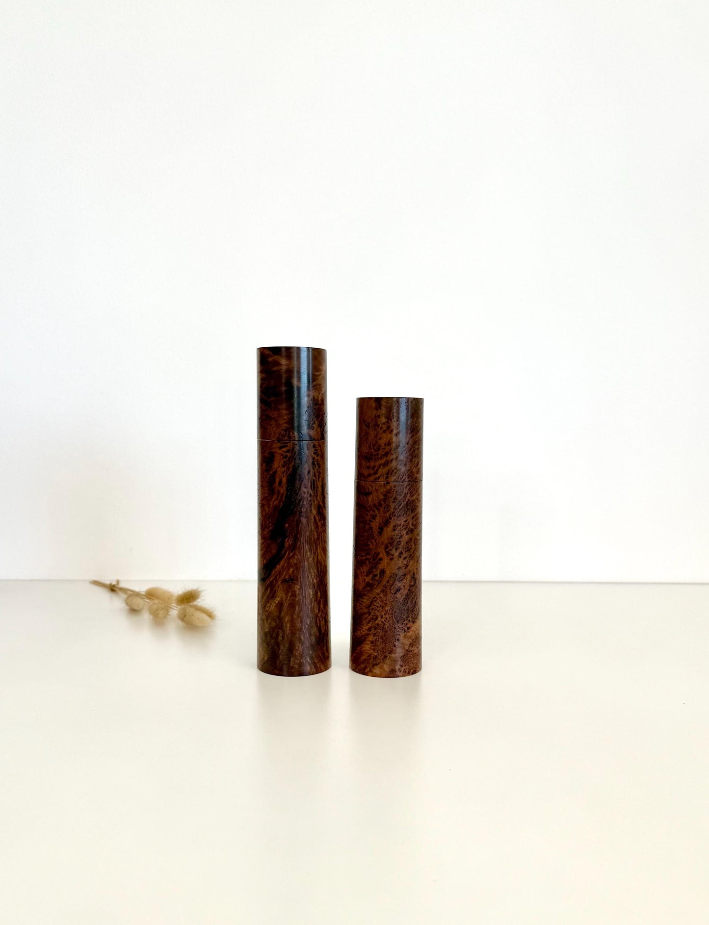 Handcrafted Gimlet Burl Pepper Grinder Set: Modern Wood Salt Mill