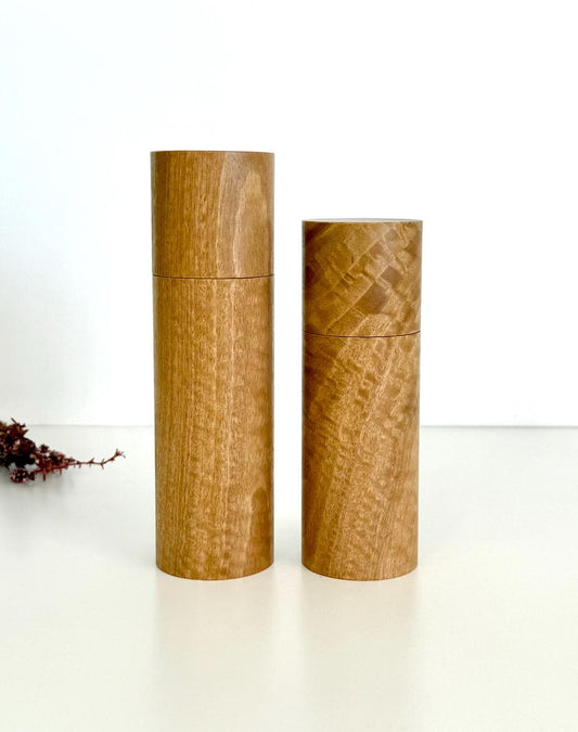 Wooden cylindrical shape salt and pepper grinders made from Blackbutt timber