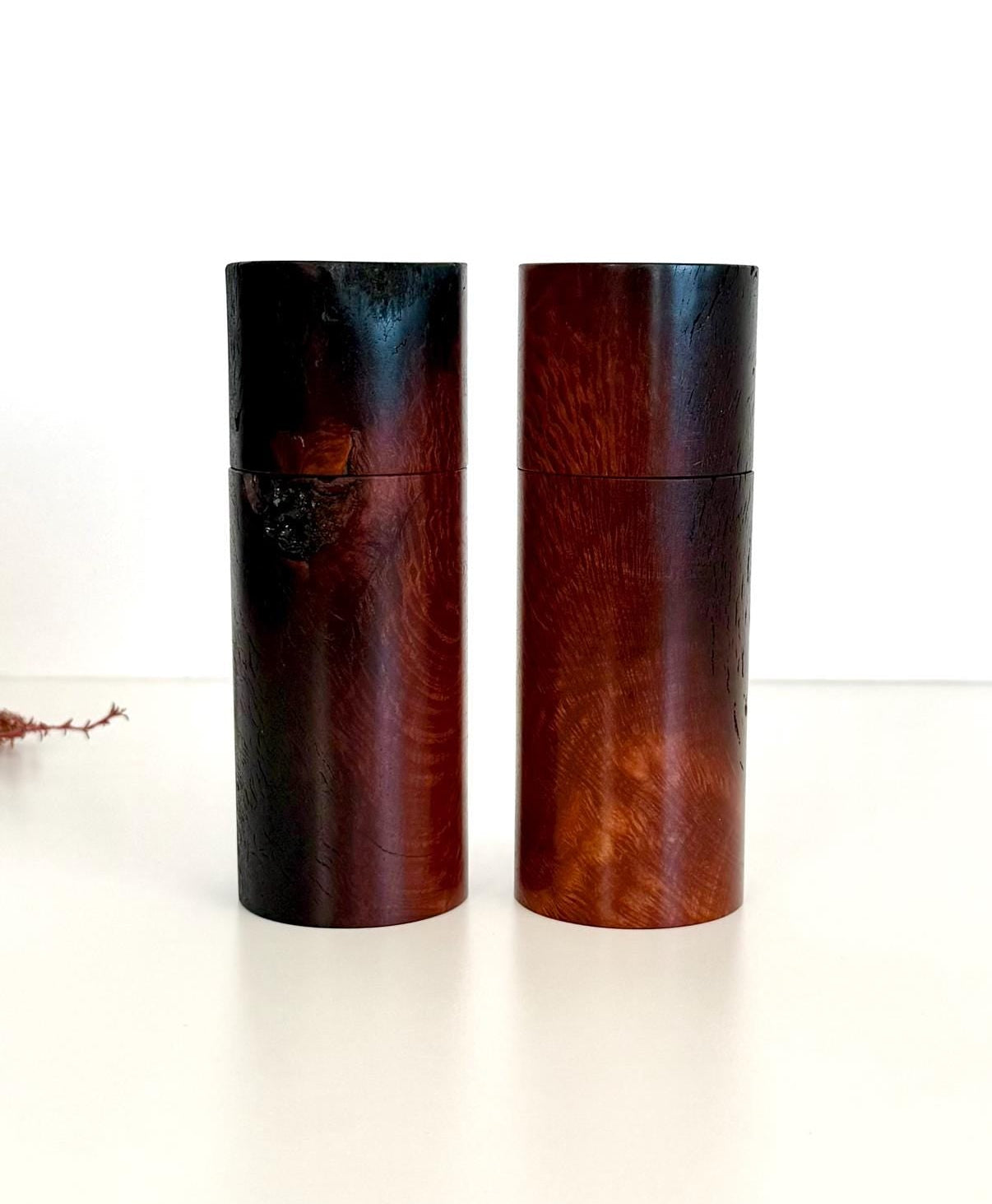 Wooden cylindrical shape salt and pepper grinders made from Lace Sheoak timber