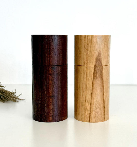 Wooden cylindrical shape salt and pepper grinders made from Jarrah and Blackbutt timbers