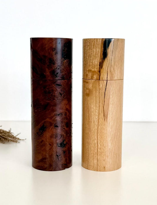 Handcrafted Jarrah Burl and Blackbutt Pepper Grinder Set: Australian Handmade Ceramic Mills