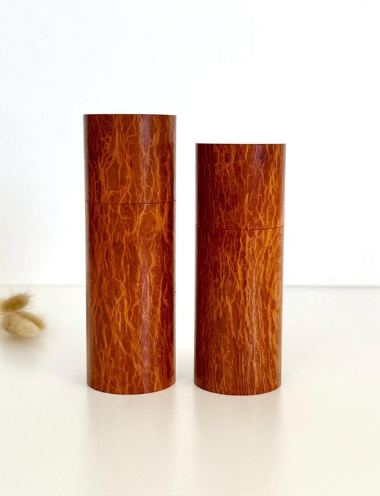 Wooden cylindrical shape salt and pepper grinders made from Lace Sheoak timber