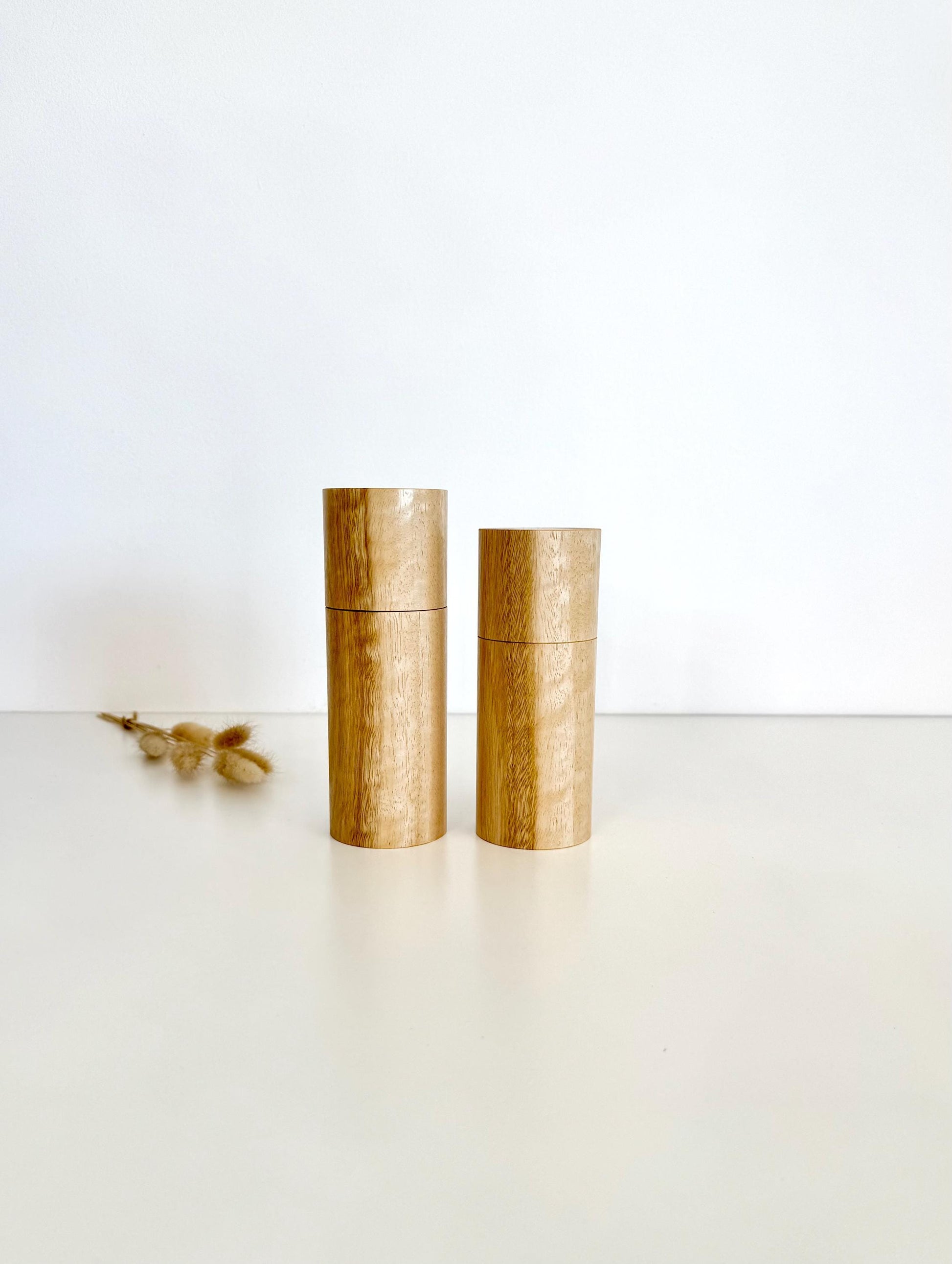 Handcrafted Yellow Tingle Pepper Grinder Set: Modern Wood Salt Mill