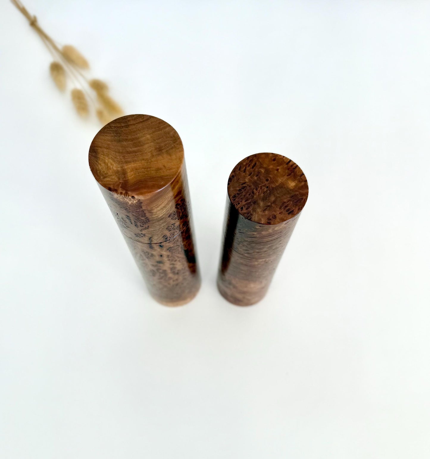 Handcrafted Gimlet Burl Pepper Grinder Set: Modern Wood Salt Mill