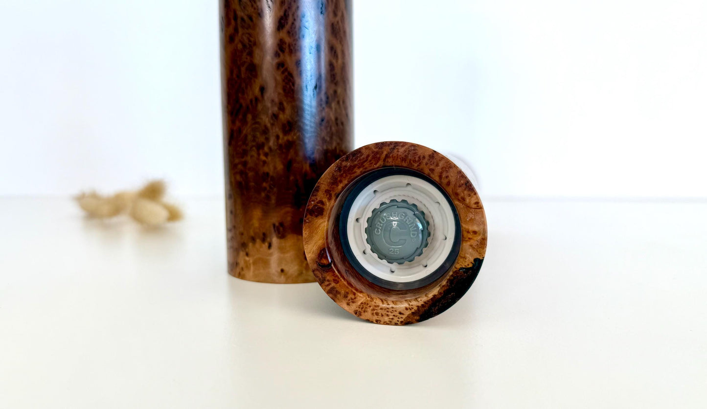 Handcrafted Gimlet Burl Pepper Grinder Set: Modern Wood Salt Mill
