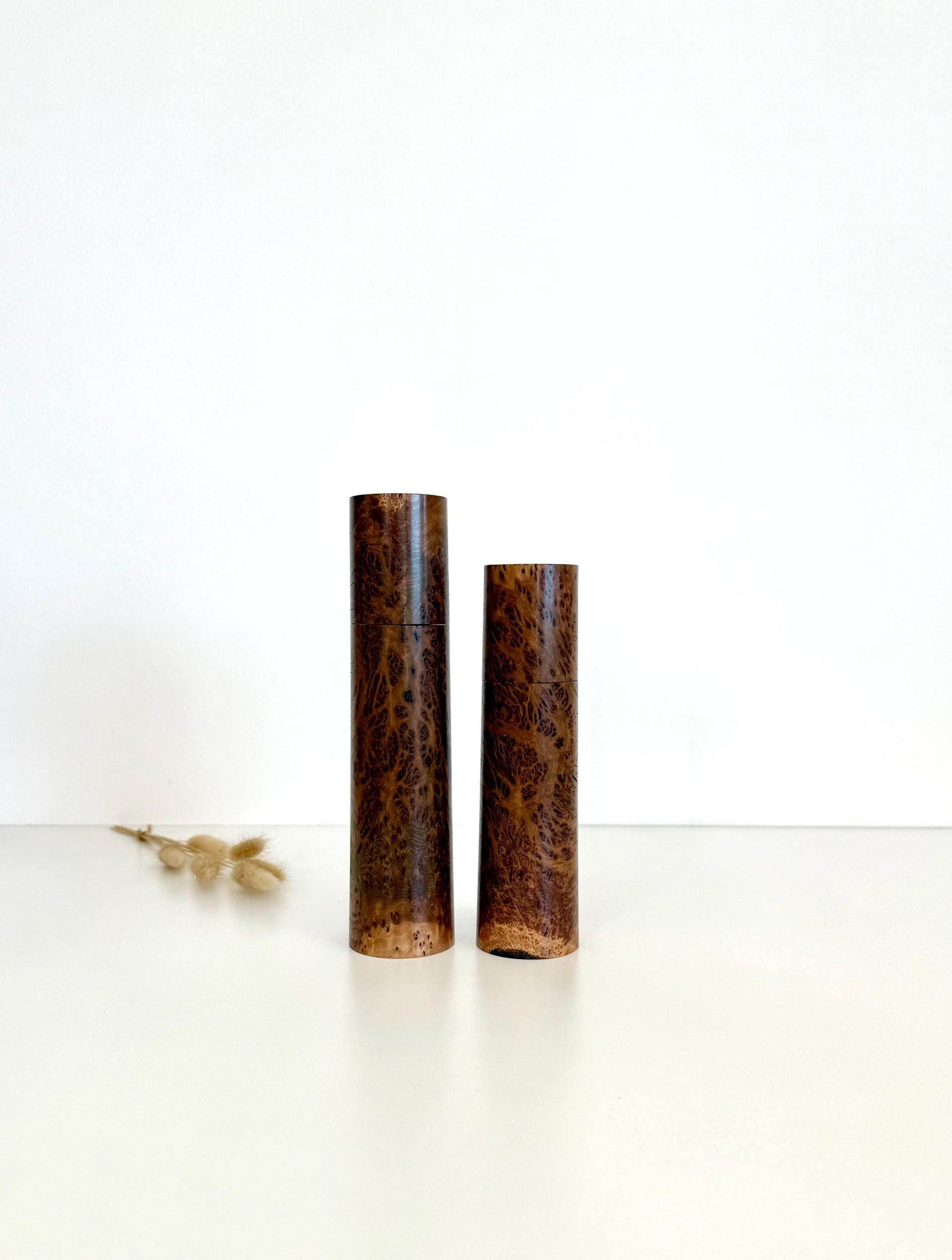 Handcrafted Gimlet Burl Pepper Grinder Set: Modern Wood Salt Mill