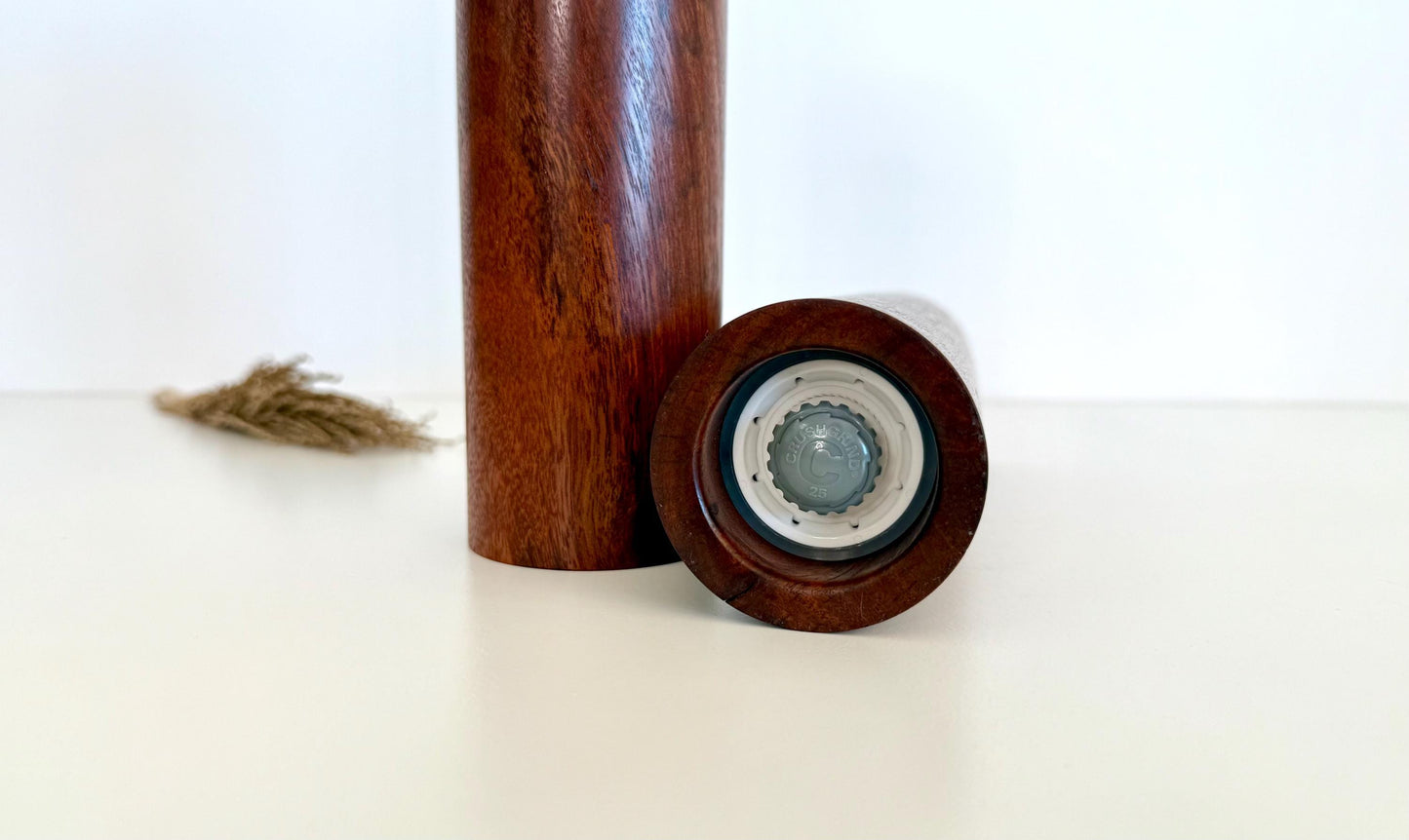 Handcrafted Black Fleck Jarrah Pepper Grinder Set: Modern Wood Salt Mill