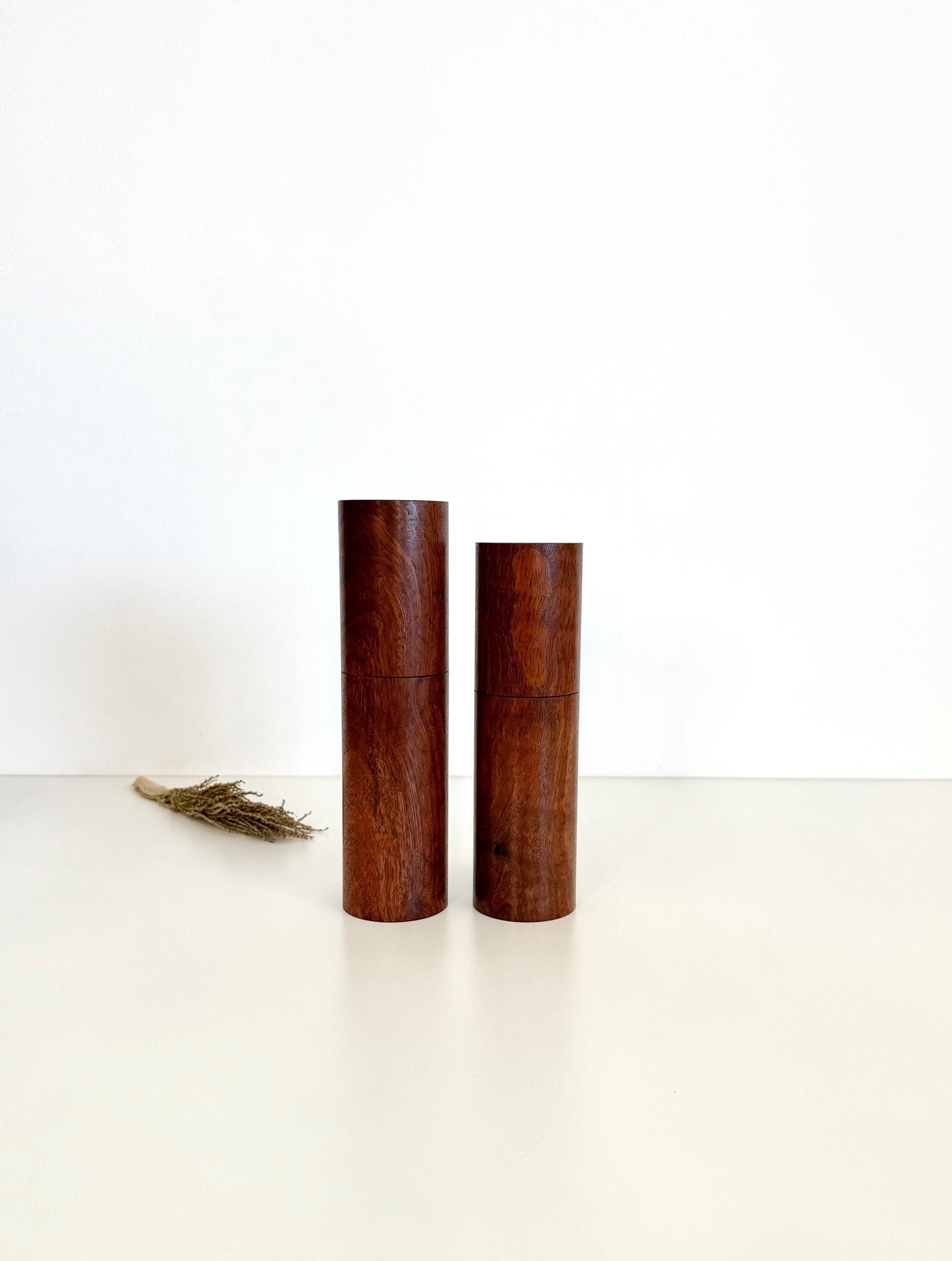 Handcrafted Black Fleck Jarrah Pepper Grinder Set: Modern Wood Salt Mill