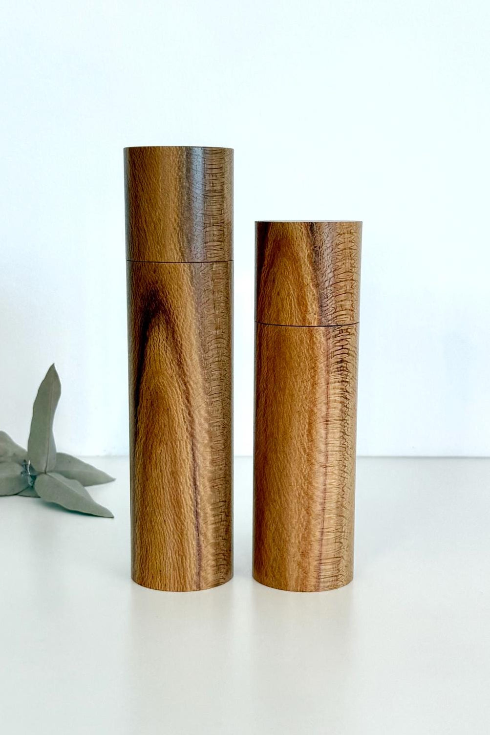 Wooden cylindrical shape salt and pepper grinders made from River Banksia timber