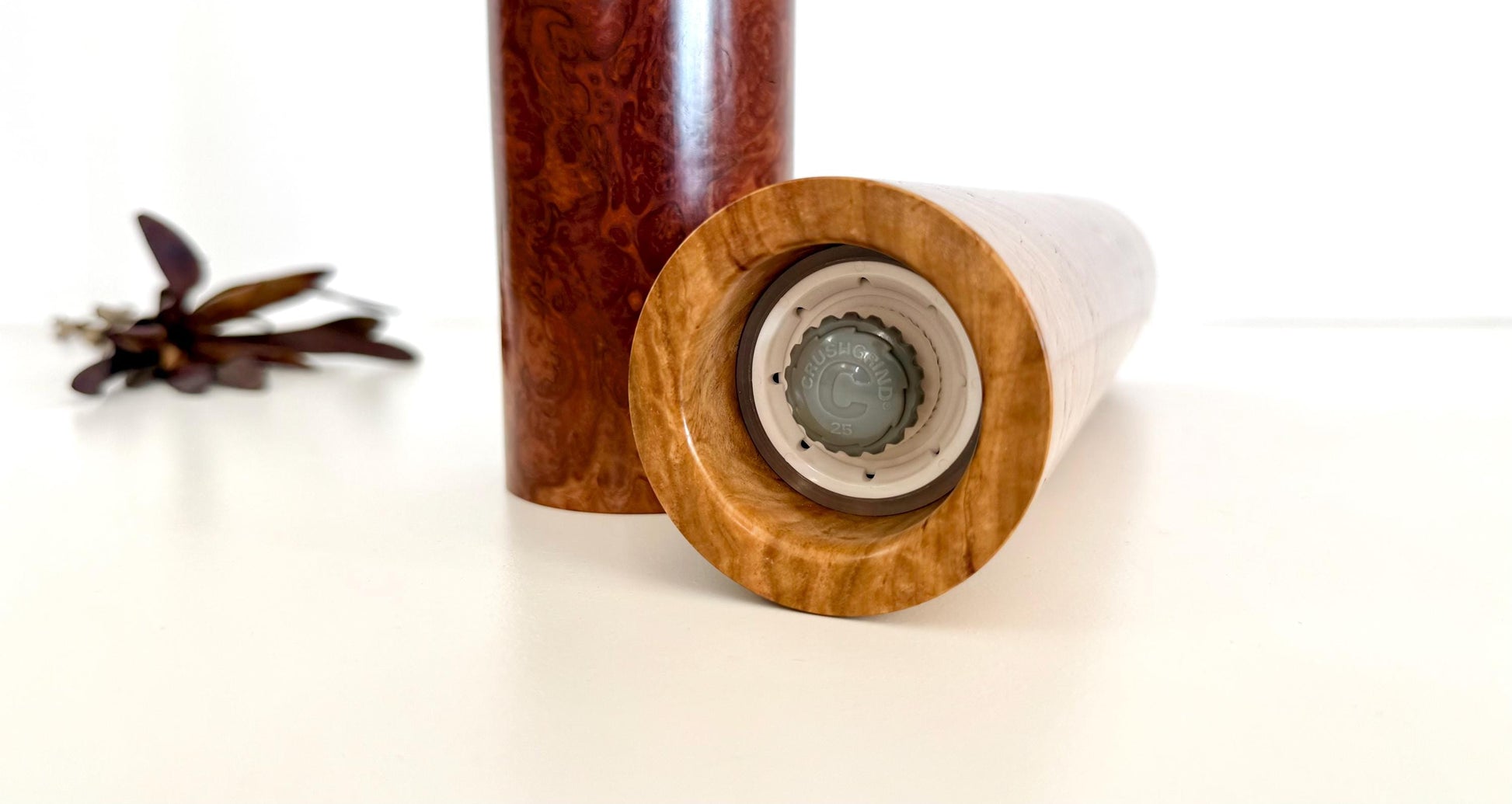 Red Mallee burl and Bimble Box burl Pepper Grinder Set, Australian Handmade Ceramic Mills