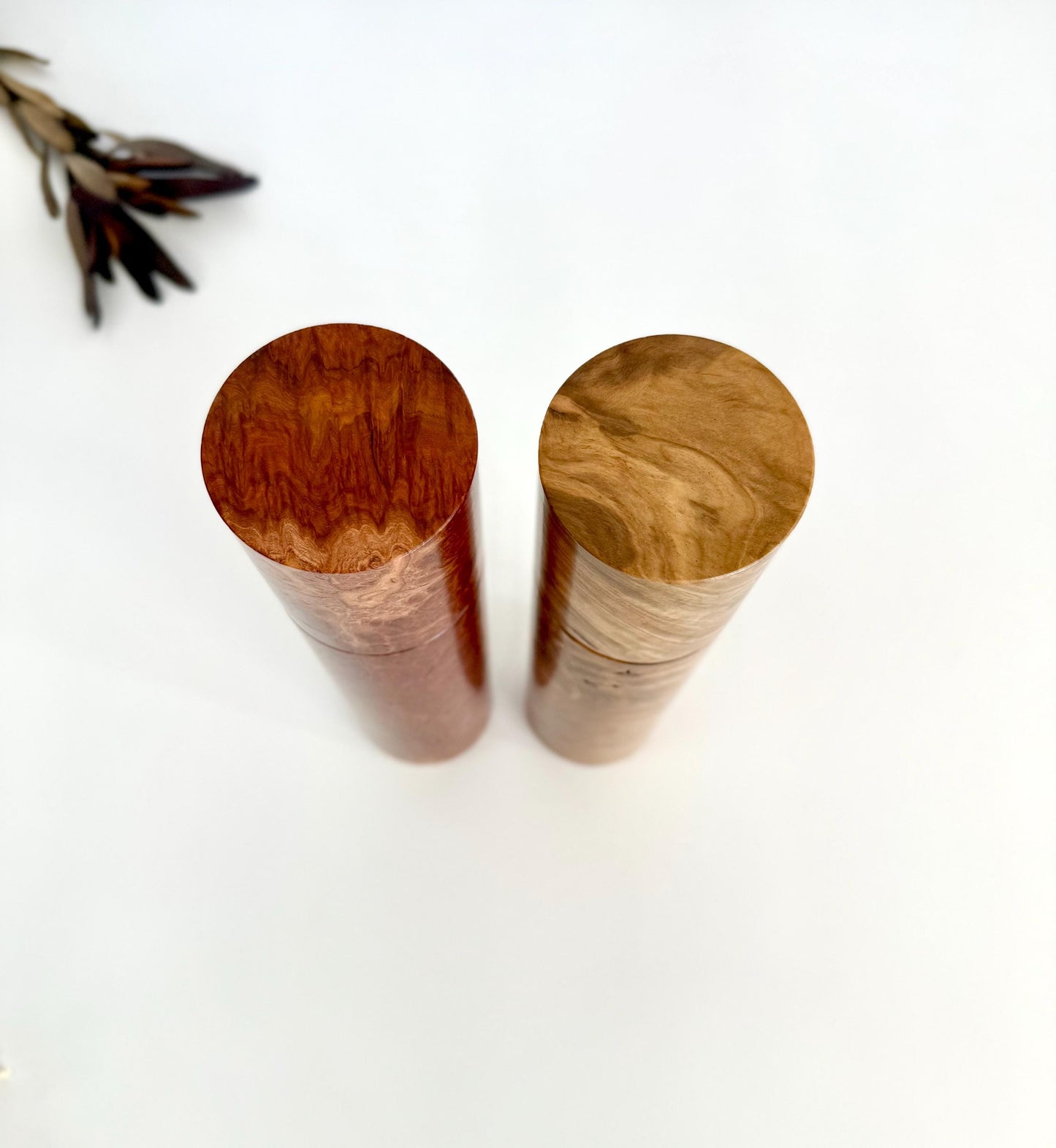 Red Mallee burl and Bimble Box burl Pepper Grinder Set, Australian Handmade Ceramic Mills