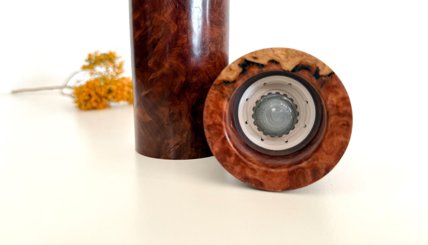 Red Mallee Burl Pepper Grinder Set, Australian Handmade Ceramic Mills
