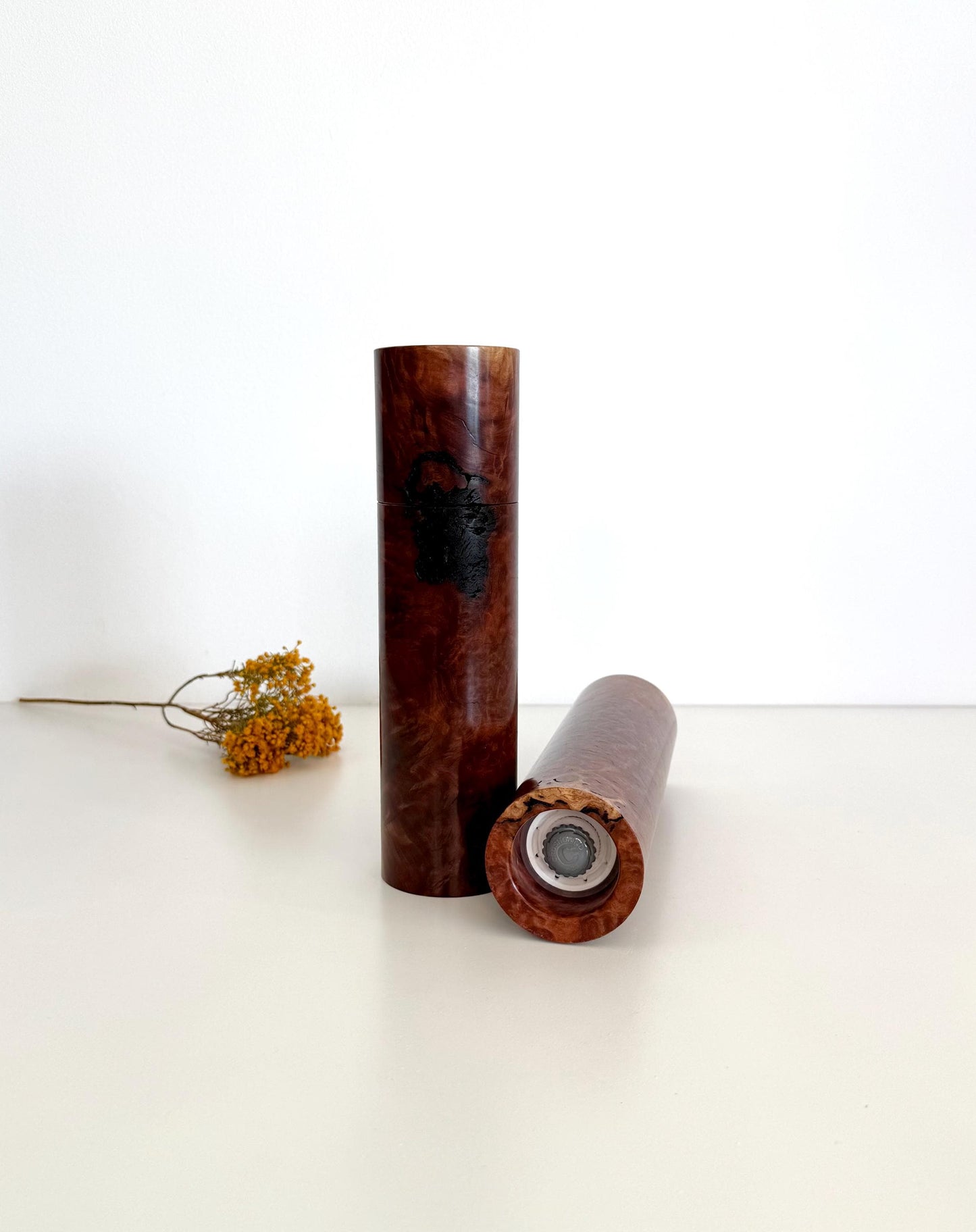 Red Mallee Burl Pepper Grinder Set, Australian Handmade Ceramic Mills