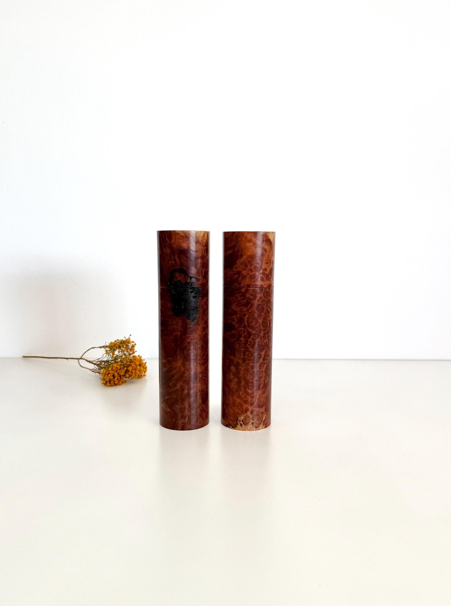 Red Mallee Burl Pepper Grinder Set, Australian Handmade Ceramic Mills