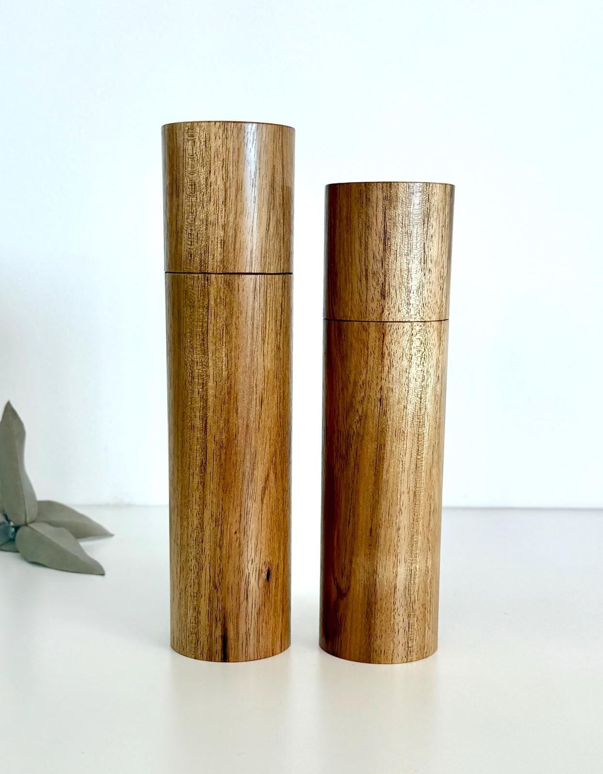 Wooden cylindrical shape salt and pepper grinders made from light brown timber