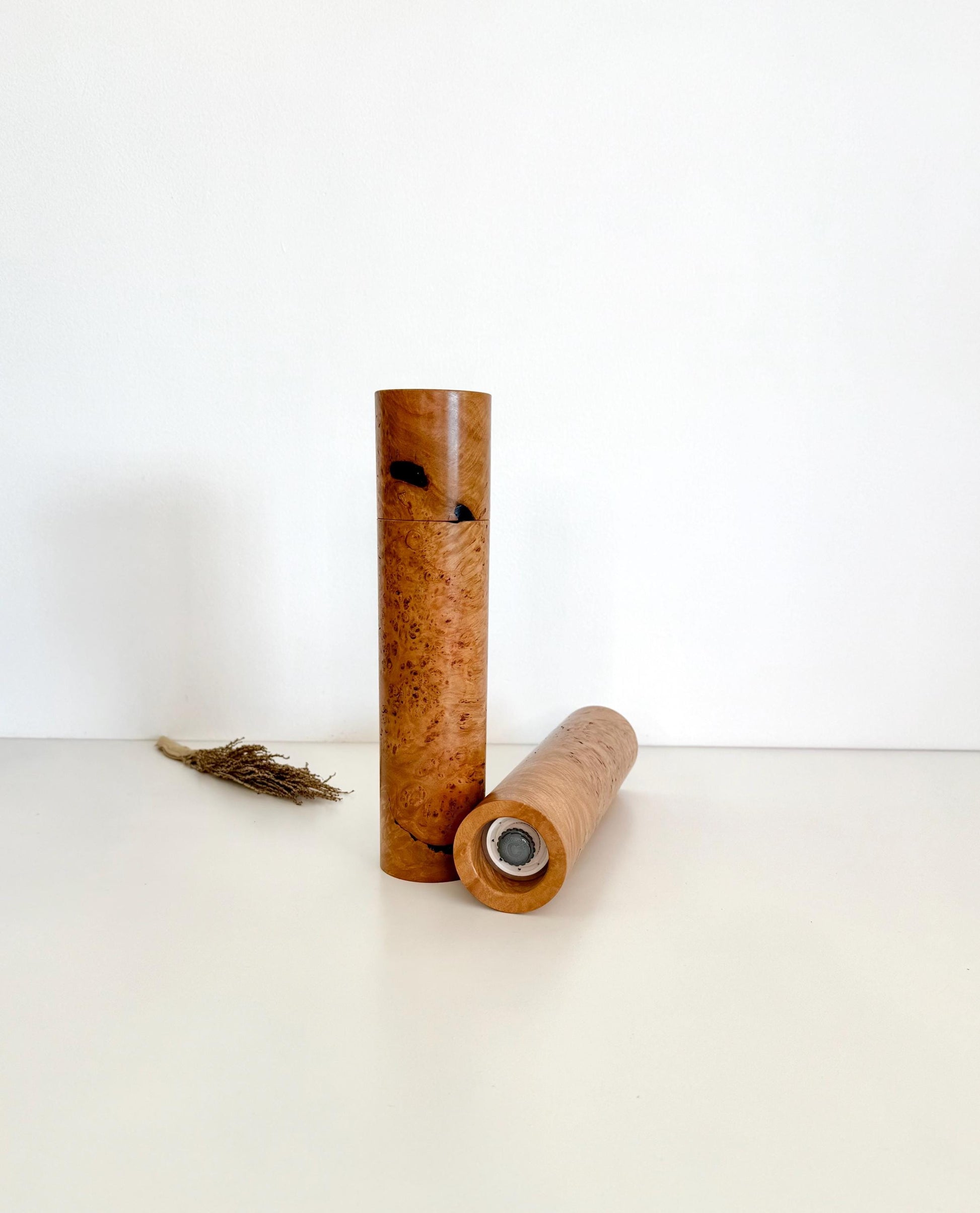Flooded Gum Burl Wood Pepper Grinder Set, Modern Ceramic Salt Mill