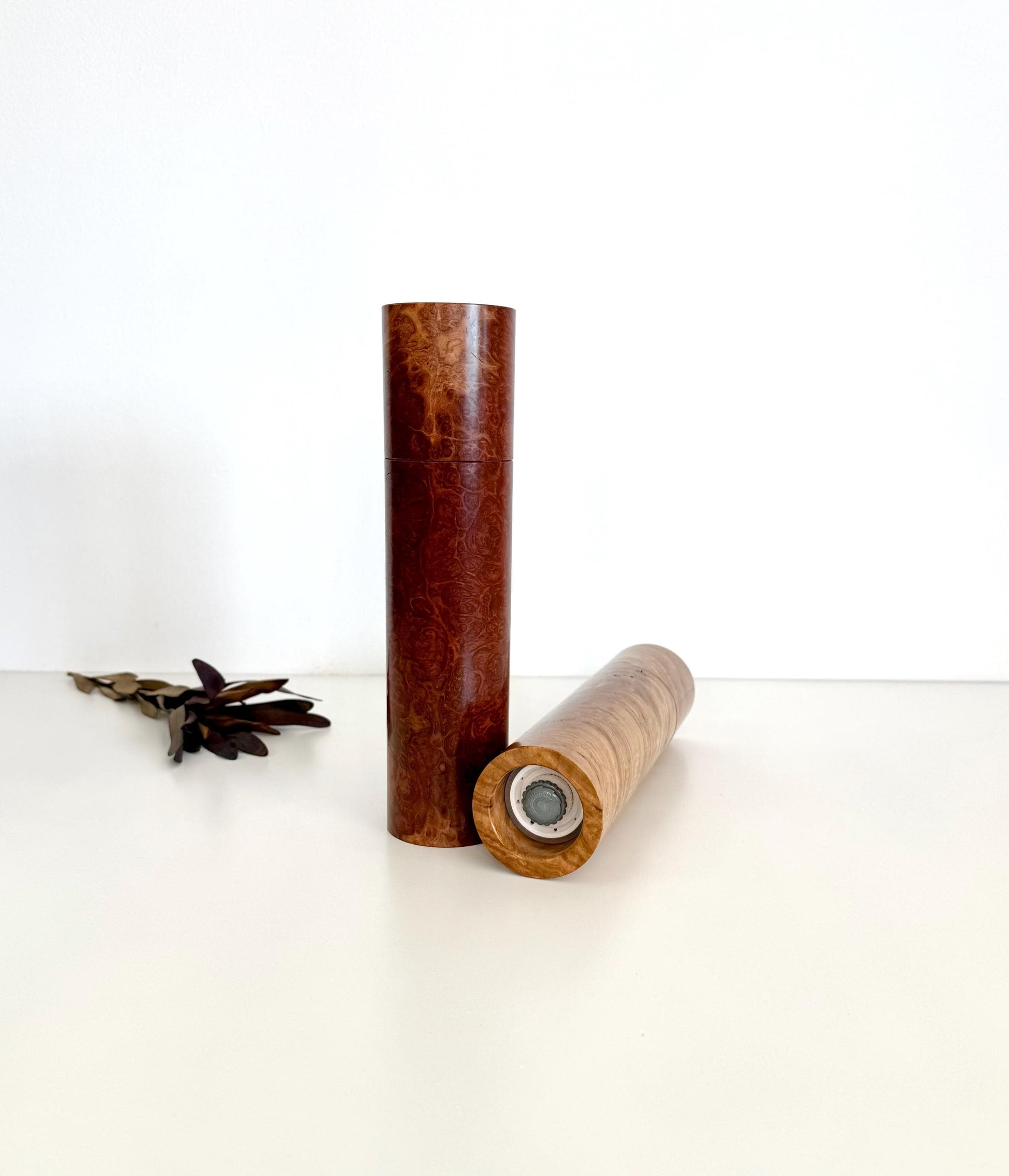 Red Mallee burl and Bimble Box burl Pepper Grinder Set, Australian Handmade Ceramic Mills