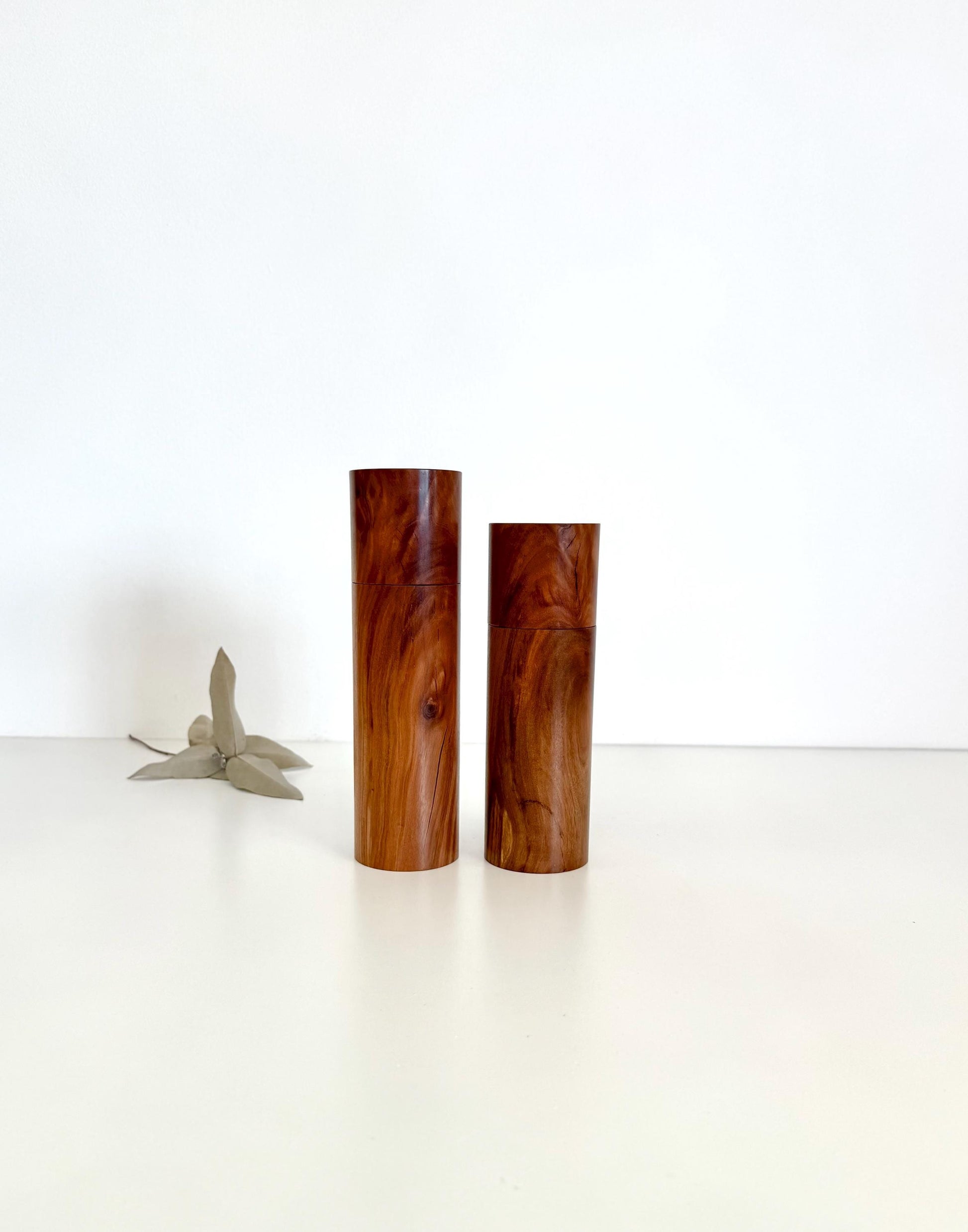 Wooden cylindrical shape salt and pepper grinders made from brown timber