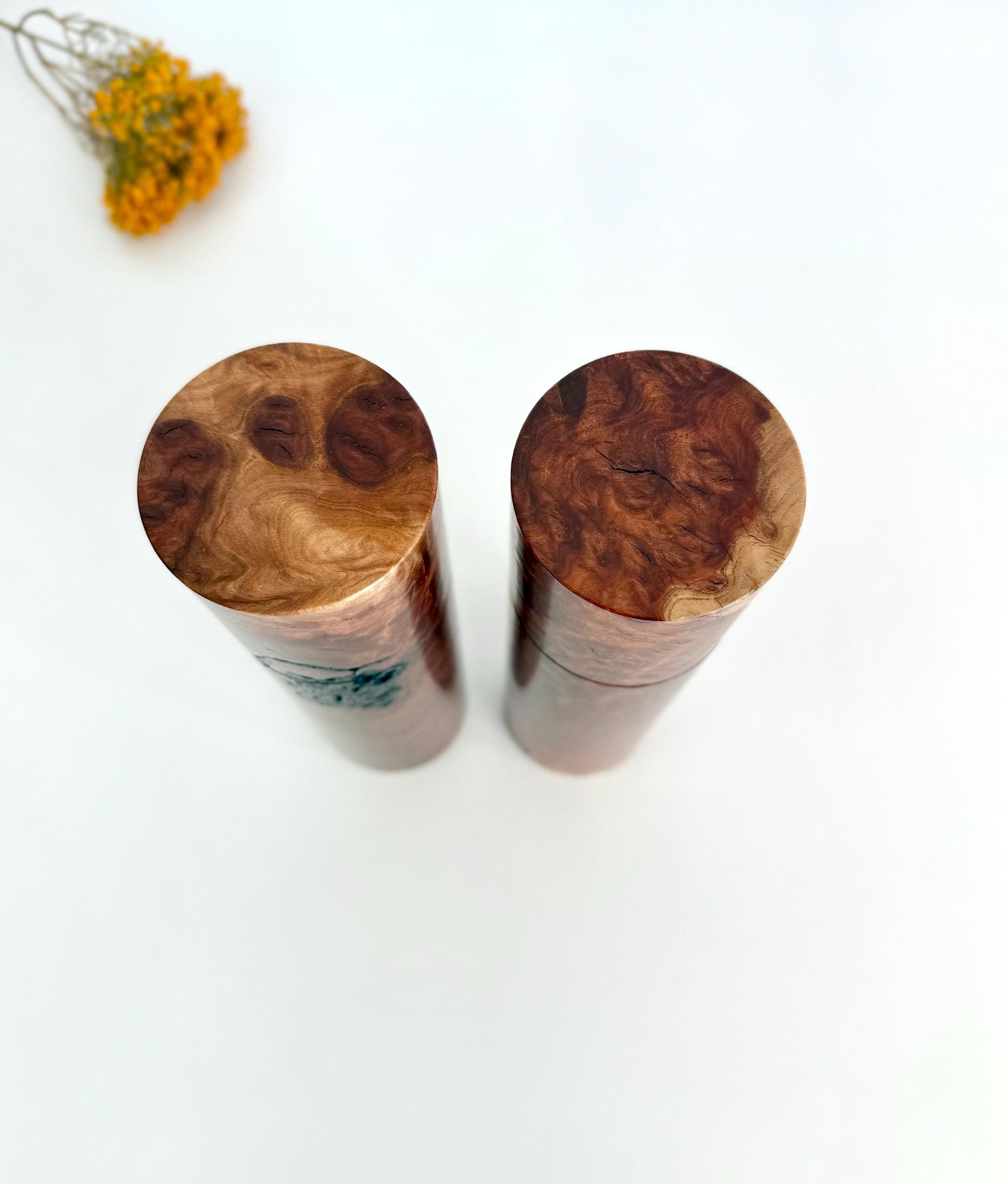 Red Mallee Burl Pepper Grinder Set, Australian Handmade Ceramic Mills