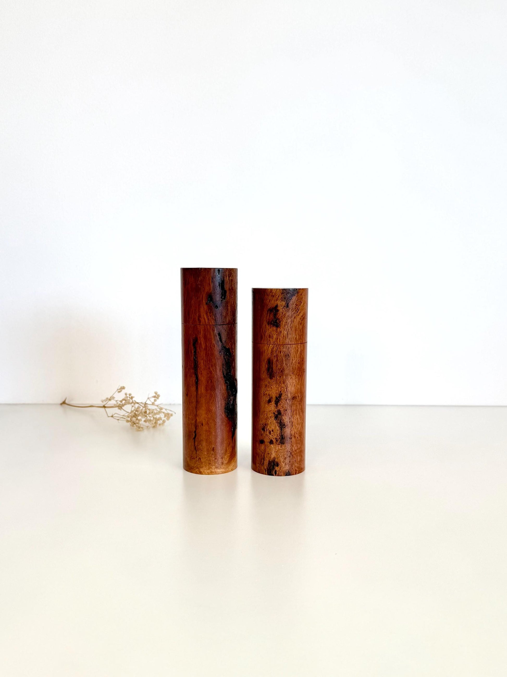 Wooden cylindrical shape salt and pepper grinders made from Lace Sheoak timber