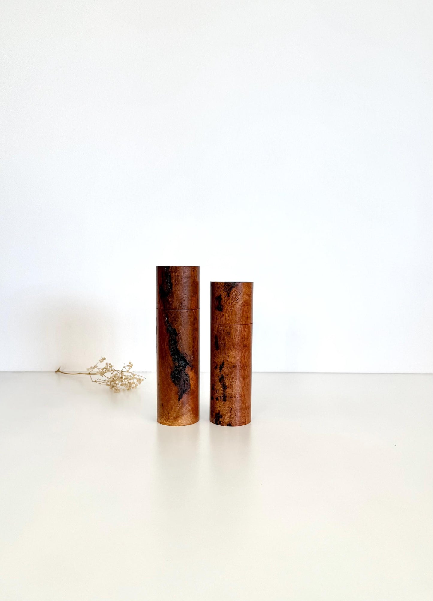 Wooden cylindrical shape salt and pepper grinders made from Lace Sheoak timber