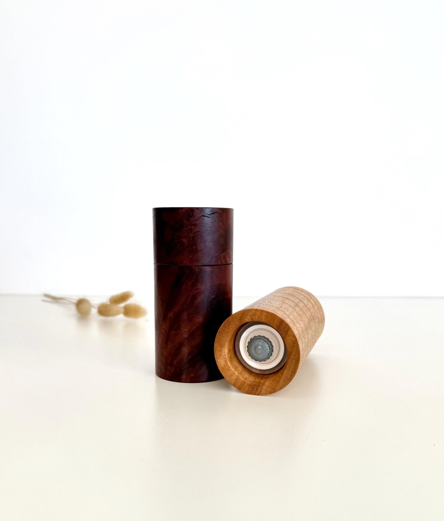 Handcrafted Mini Jarrah Burl and Curly Marri Pepper Grinder Set: Modern Wood Salt Mill