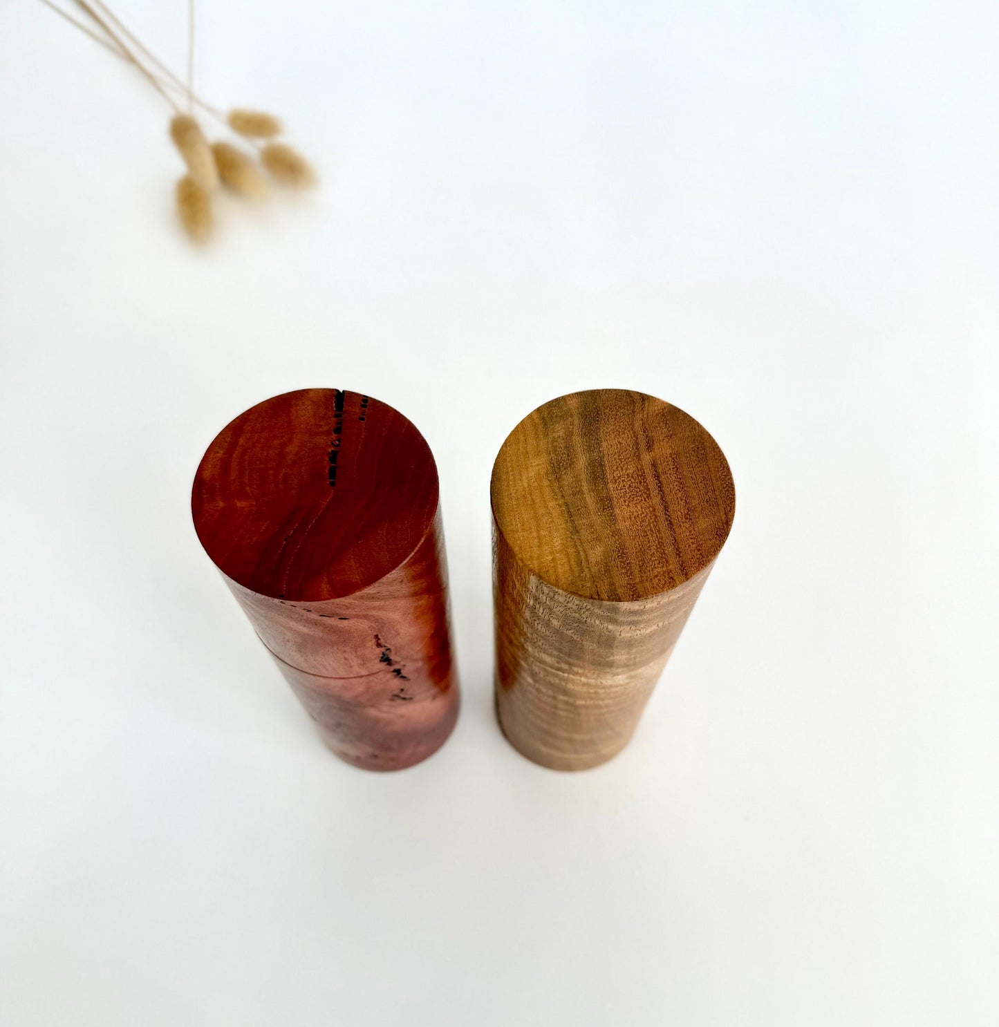 Handcrafted Salmon Gum Burl and Marri Pepper Grinder Set: Modern Wood Salt Mill