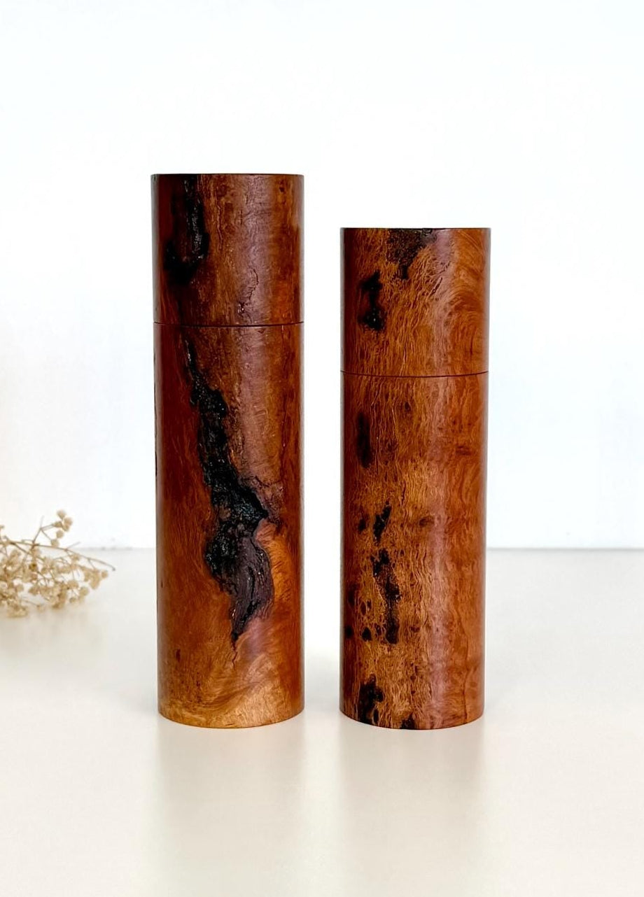 Wooden cylindrical shape salt and pepper grinders made from Lace Sheoak timber